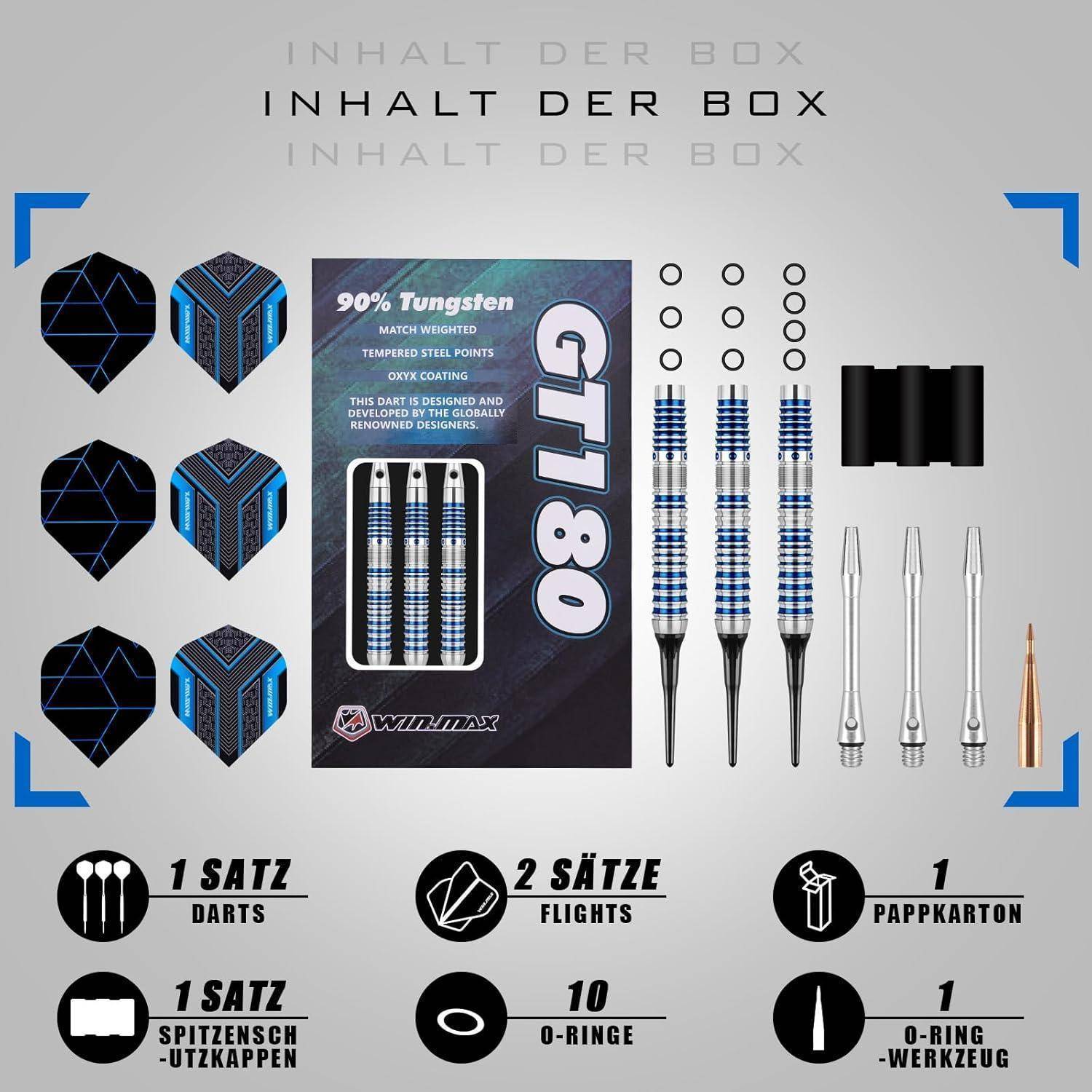Dart-Set Inhalt: 1 Satz Dartpfeile, 2 Sätze Flights, Ersatzspitzen, O-Ringe, Werkzeug und eine Pappschachtel. G7 Schafts aus 80% Wolfram enthalten.