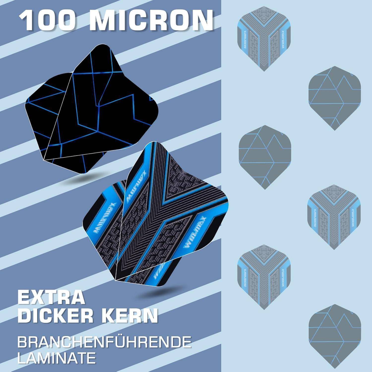 100 MICRON' zeigt ein hervorgehobenes schwarzes und blaues laminiertes Muster mit dem Text 'EXTRA DICKER KERN, BRANCHENFÜHRENDE LAMINATE' vor einem gestreiften Hintergrund.