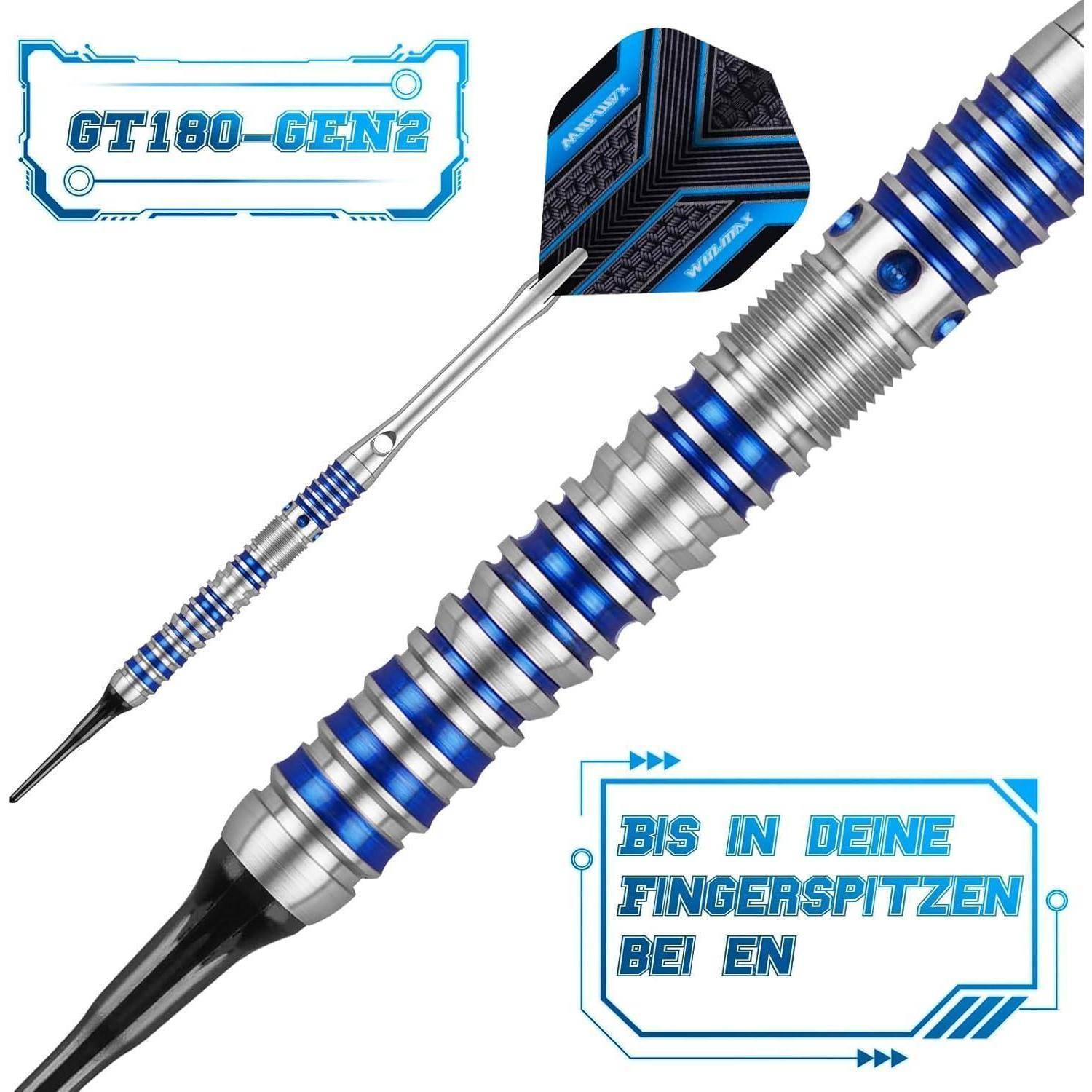 Dart-Set mit metallfarbenem und blauem Design, versehen mit der Beschriftung 'GT180-GEN2', Text 'Bis in deine Fingerspitzen bei En' und geometrischen Akzenten.