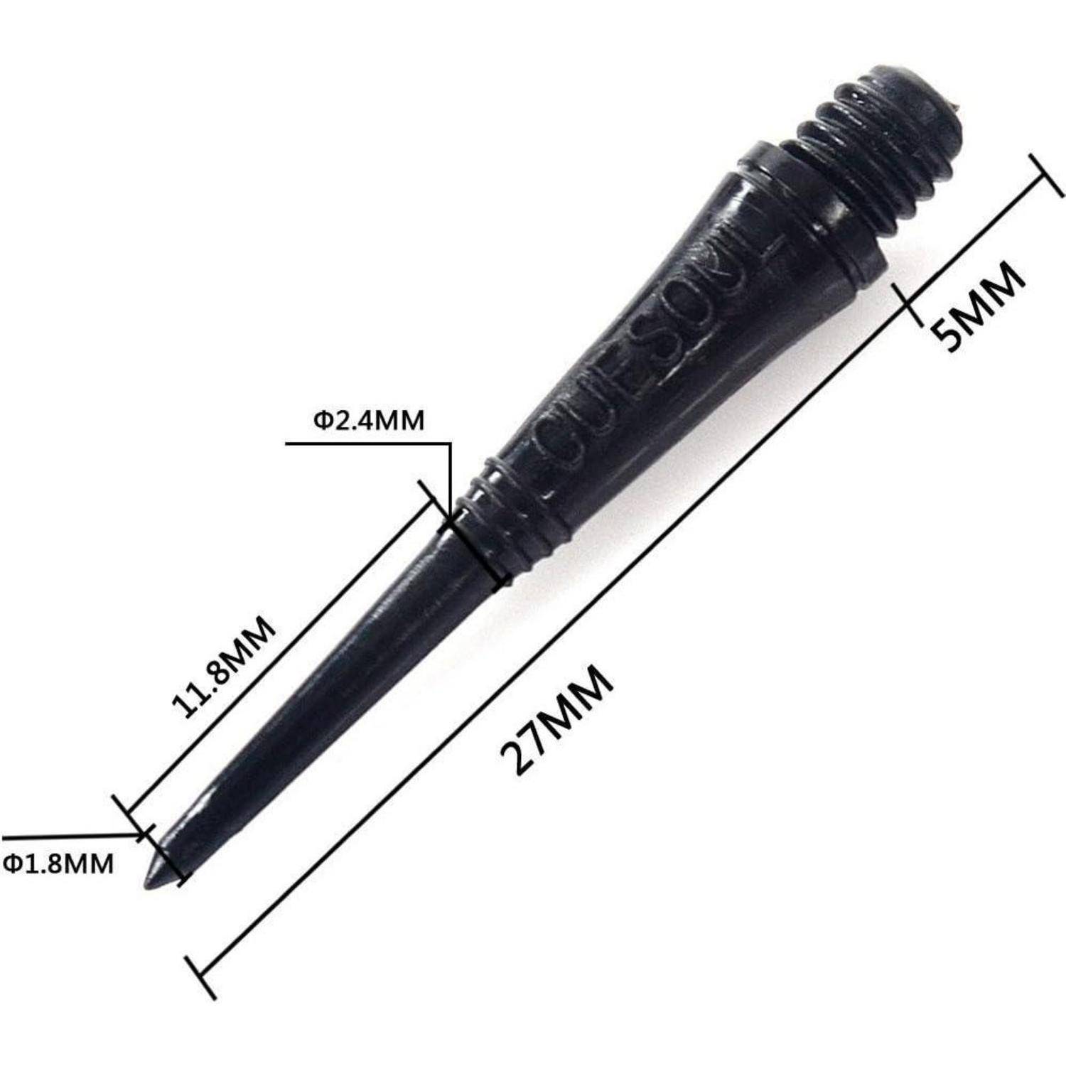 Nahaufnahme einer schwarzen Dartspitze mit beschrifteten Abmessungen: Länge 27mm, vorderer Durchmesser 1,8mm, breiteste Stelle 2,4mm, Gewindeendenbreite 5mm und mittlere Breite 11,8mm.