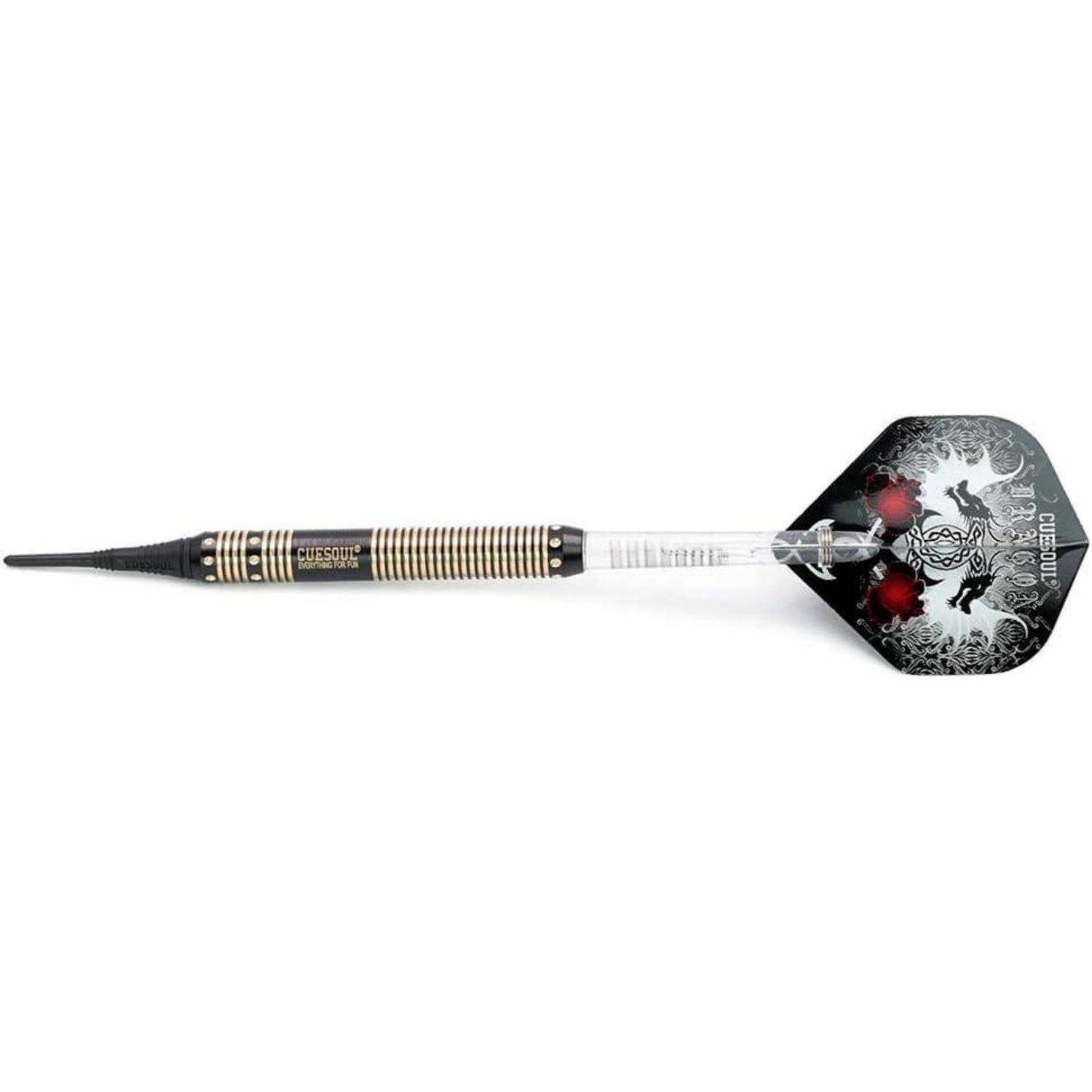 Ein Dart mit einem schwarz-goldenen Barrel, transparentem Schaft und Flügeln mit dekorativem Design, das einen schwarz-weißen Drachen mit roten Akzenten zeigt.