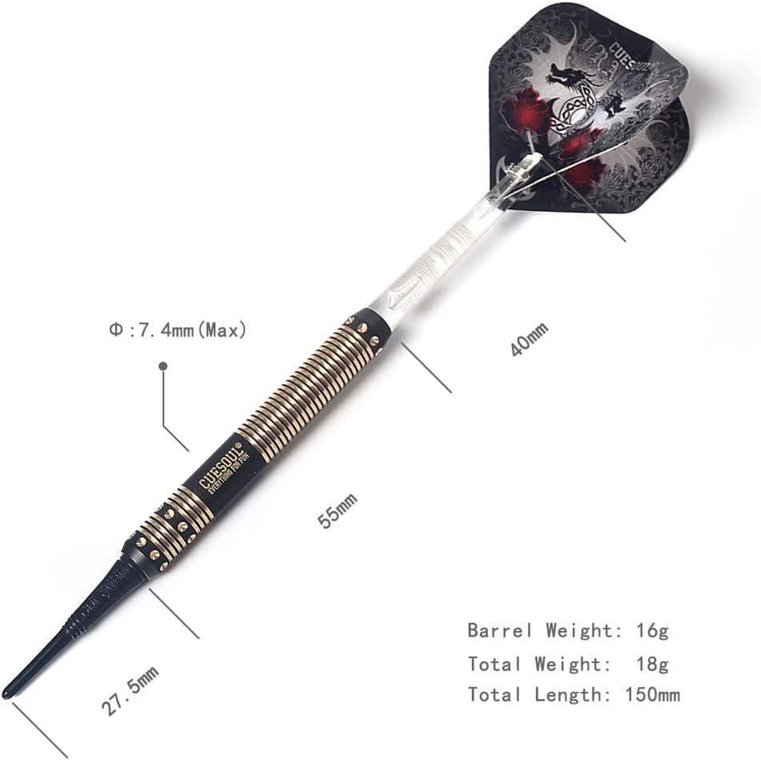Dart-Diagramm mit Hervorhebung der Dimensionen: Spitze 27,5 mm, Schaft 55 mm, Durchmesser 7,4 mm und Flügel 40 mm; Gesamtgewicht 16 g, Gesamtlänge 150 mm.