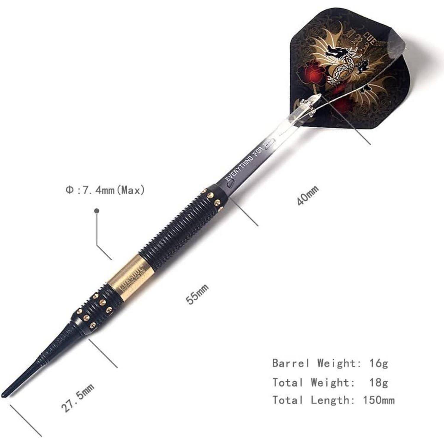 Dart mit Messungen: 150 mm Gesamtlänge, 16 g Barrel-Gewicht, 18 g Gesamtgewicht. Detaillierte Gestaltung auf dem Flug, beschriftete Abschnitte.