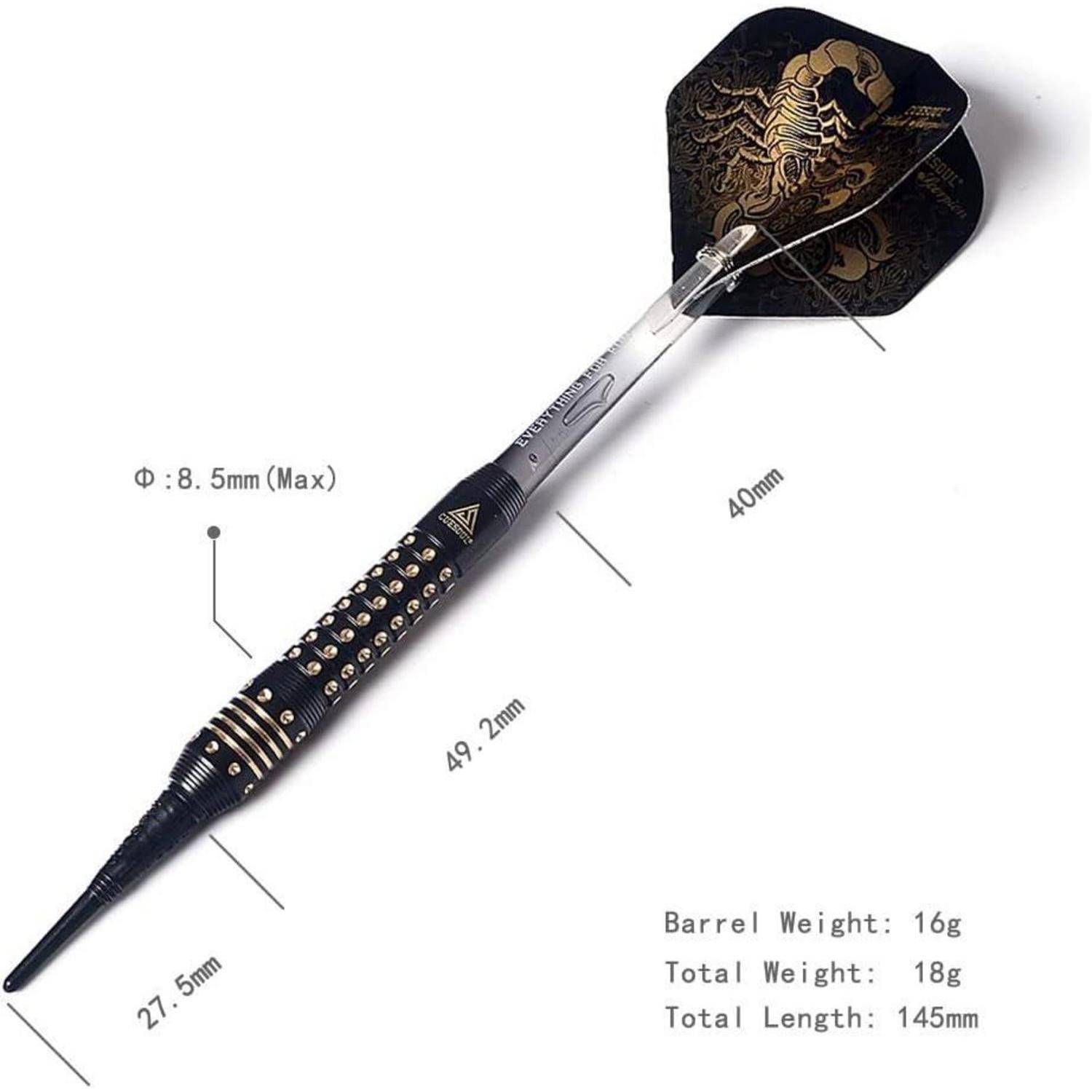 Pfeil mit detaillierten Maßen: 27,5 mm Spitze, 49,2 mm Schaft, 40 mm Flug. Gesamtgewicht: 18 g. Länge: 145 mm. Schaftgewicht: 16 g.