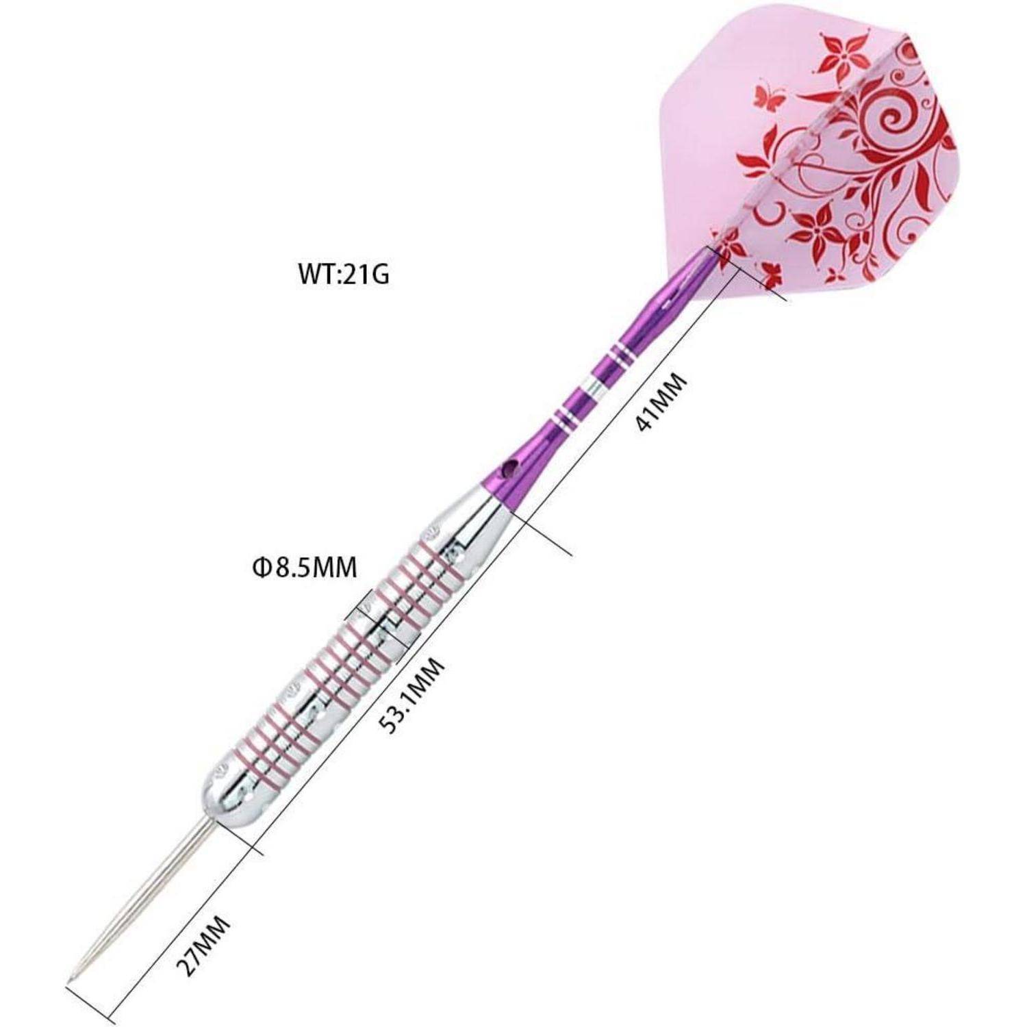 Dart mit rosa, blumenmusterförmigen Flights, Maße: 41mm Flight, 8,5mm Schaftdurchmesser und 51,7mm Griff, Gesamtlänge 271mm, Gewicht 21g.