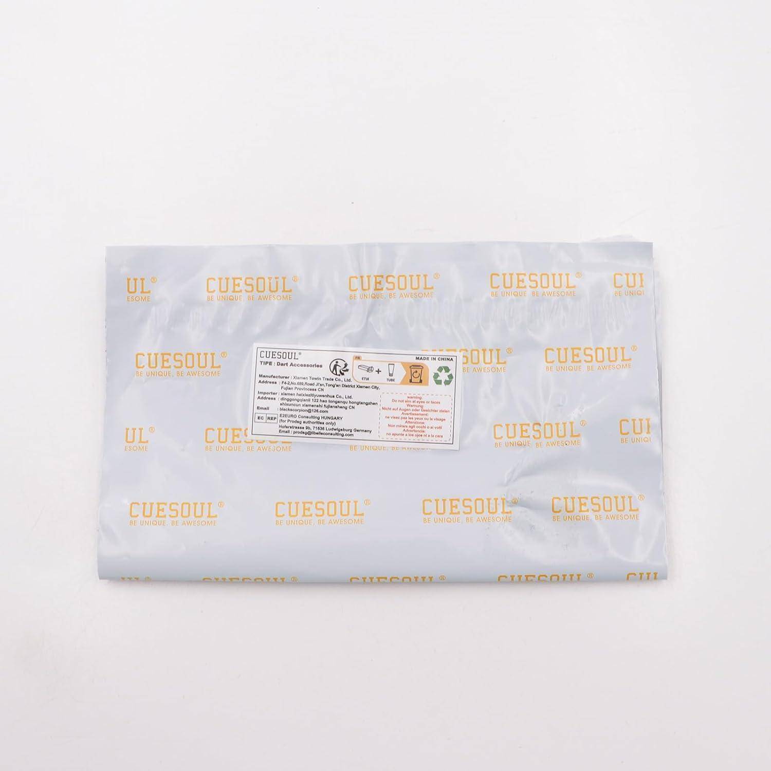Verpackung der Marke 'CUESOUL' mit einem zentralen Etikett, das Produktdetails und Zertifizierungen auf weißem Hintergrund zeigt.