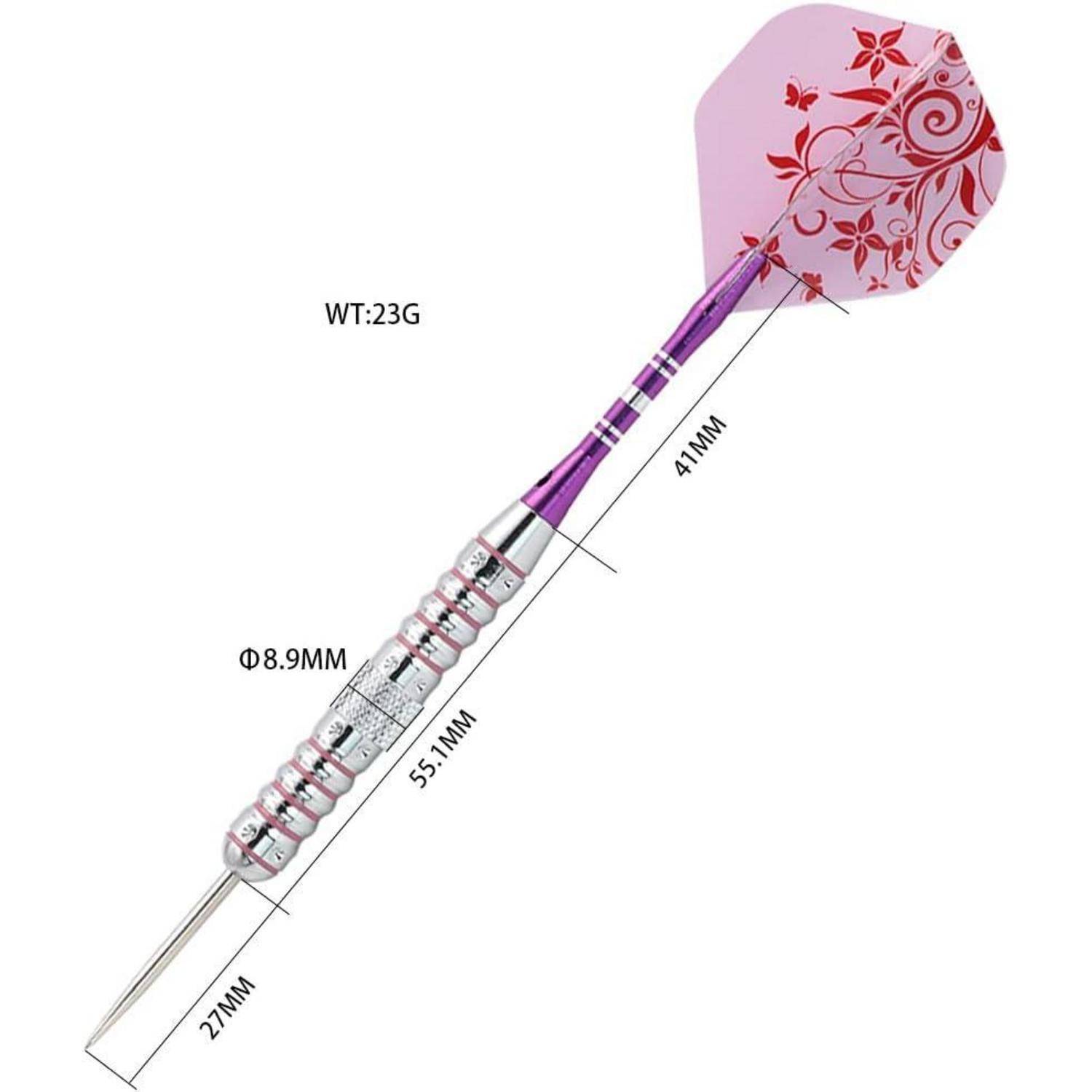 Ein Dartpfeil mit einem pinken Blumenflug, silbernem Griff und spitzer Spitze. Maße: 272 mm Länge, Gewicht 23 g, 9 mm Schaftdurchmesser, 51 mm Griff, 41 mm Flug.