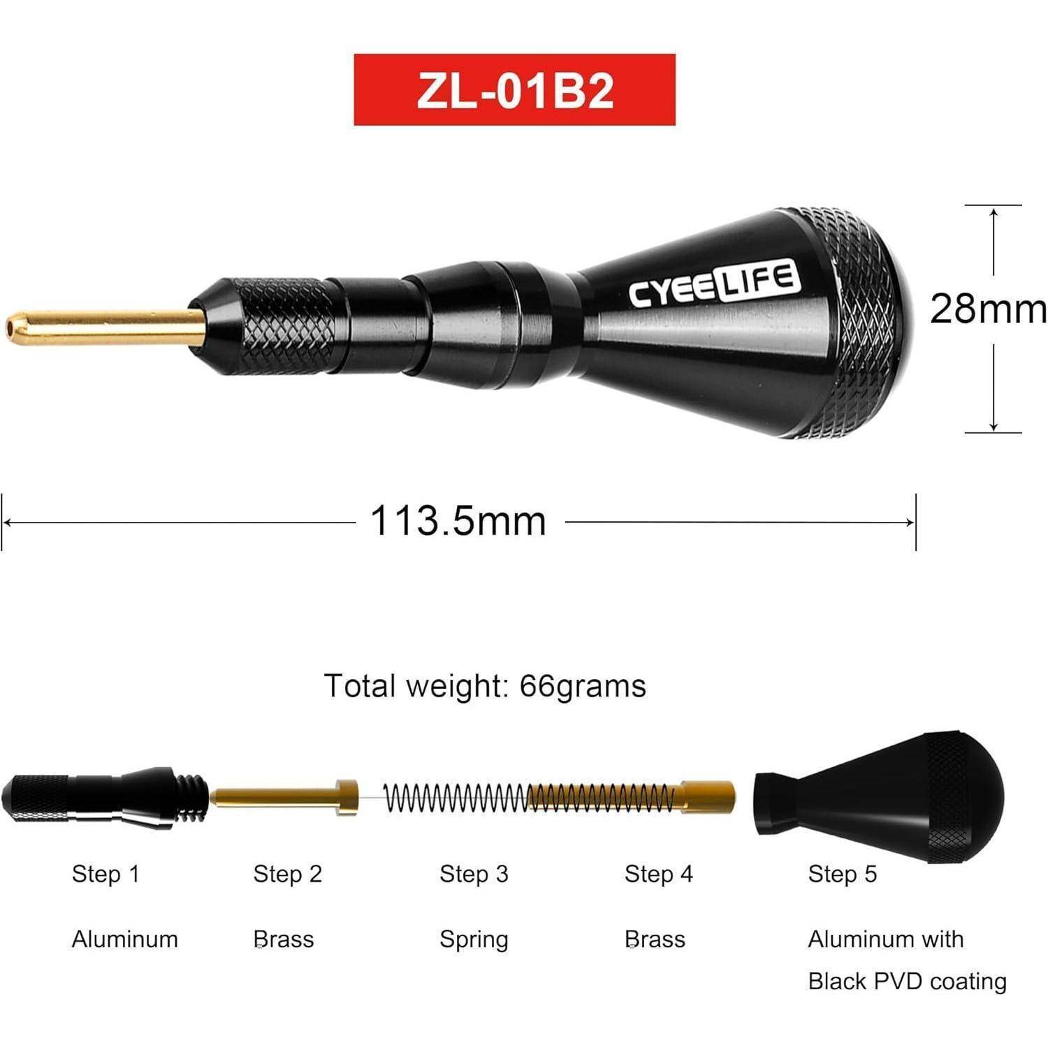 Dartpfeil-Werkzeug ZL-01B2, 113,5 mm lang, mit Aluminium- und Messingteilen. Wiegt 66 Gramm. Schwarze PVD-Beschichtung am Griff, 28 mm Durchmesser.