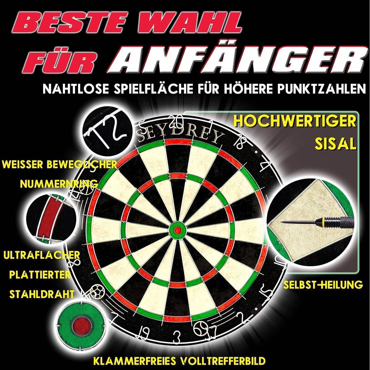 Eine Dartscheibe mit roten, grünen und weißen Sektionen. Merkmale wie ‚Hochwertiger Sisal' und ‚Weißer beweglicher Nummernring' werden hervorgehoben.