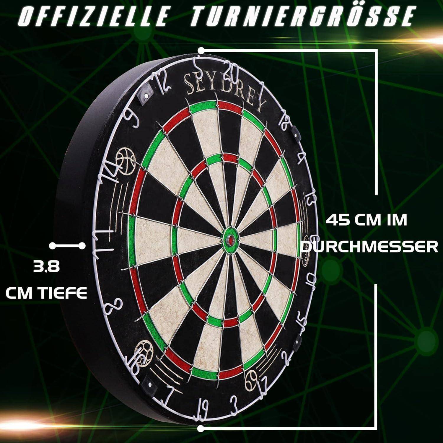 Dartscheibe mit Abmessungen: 45 cm Durchmesser, 3,8 cm Tiefe. Als offizielle Turniergröße beschrieben.