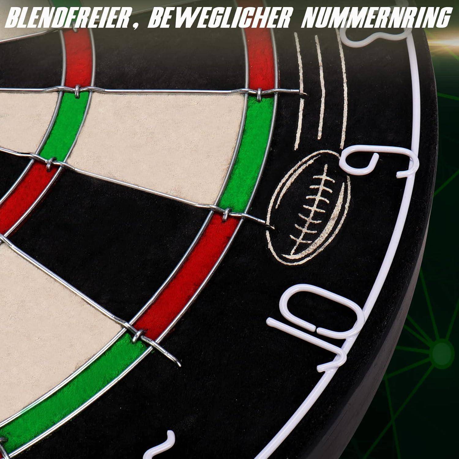Nahaufnahme einer Dartscheibe mit einem beweglichen Nummernring und dem Schriftzug 