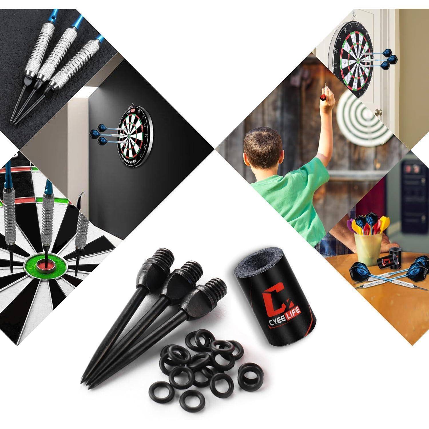 Dartscheibe-Set mit Metall- und Plastikpfeilen, zusätzlichen Gummi-Spitzen und einer montierten Dartscheibe. Junge in grünem Shirt zielt auf die Dartscheibe.