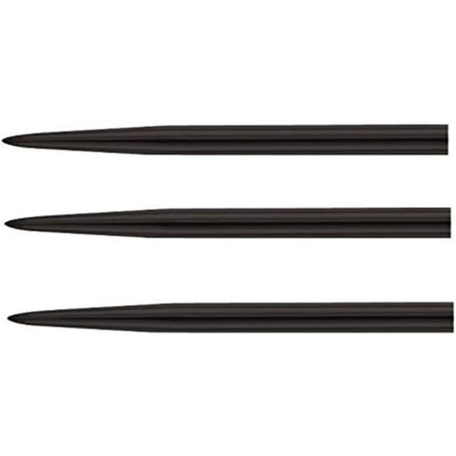 Drei schwarze Graphitstifte horizontal ausgerichtet, jeder mit einer spitzen Spitze, auf einem weißen Hintergrund.