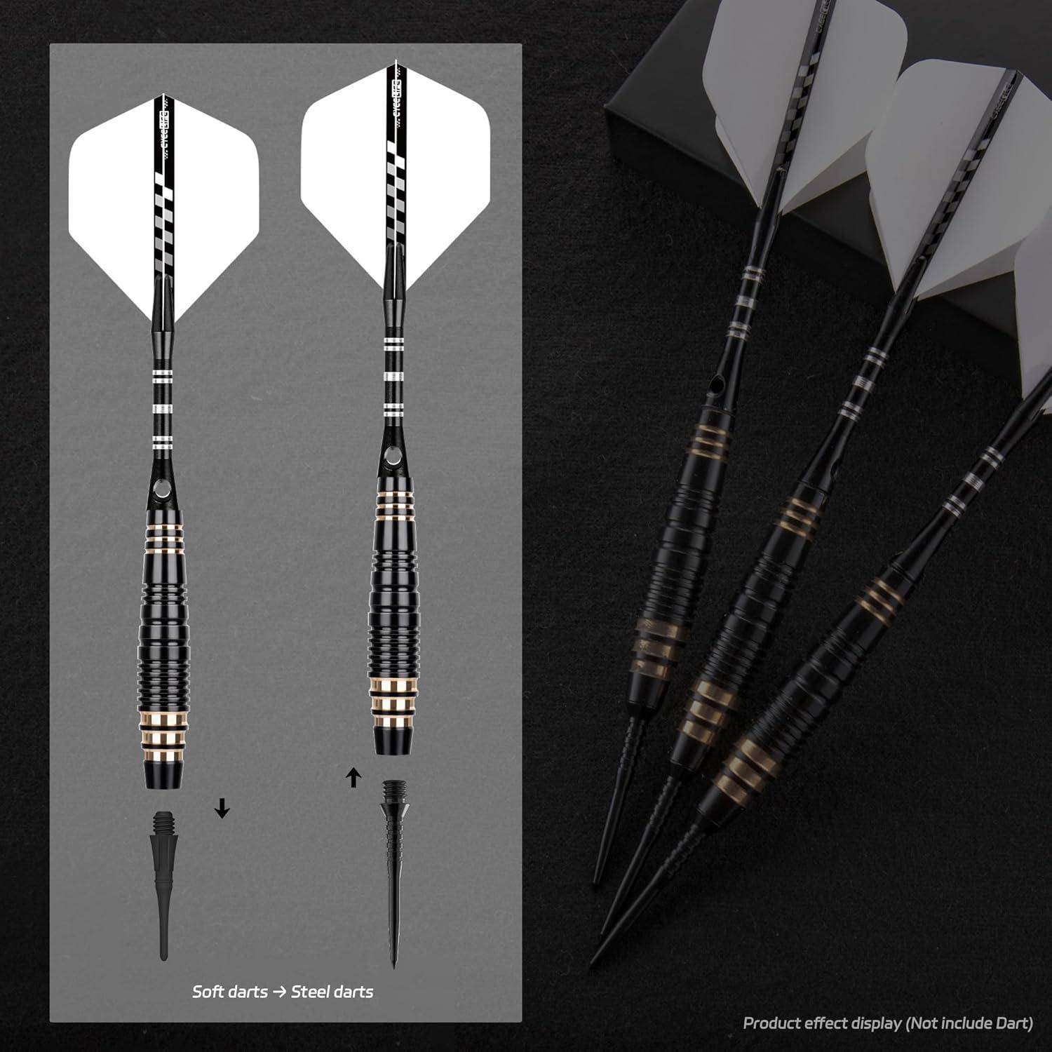 Dartset mit zwei Soft- und Stahlspitzen-Pfeilen links; drei zusammengesetzte Pfeile rechts. Text: 'Soft-Darts > Stahldarts'.