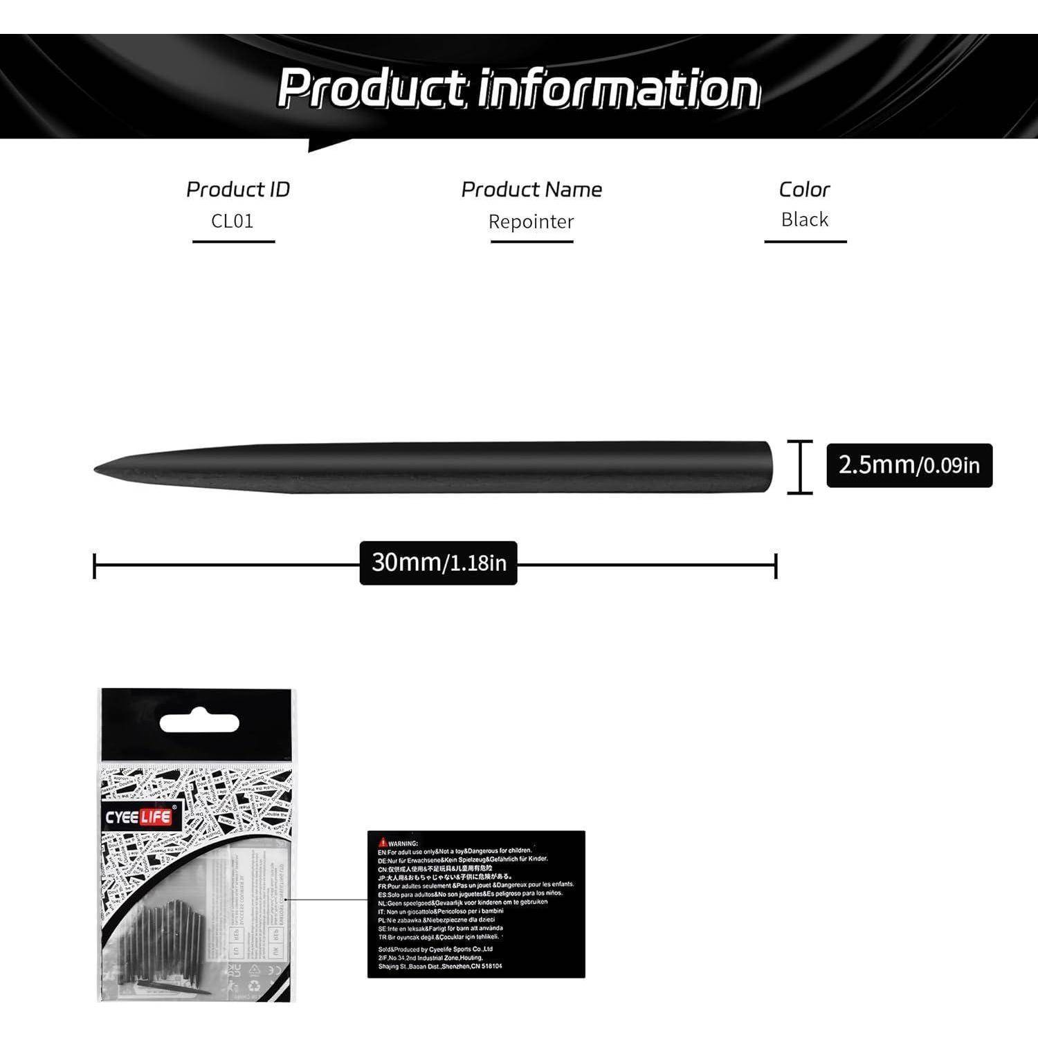Produktinformationen': Ein schwarzer Stift beschriftet mit 'Repointer'. Abmessungen: 30mm Länge, 2,5mm Breite. Produkt-ID: CL01. Verpackung zeigt Marke 'CYE Life'.