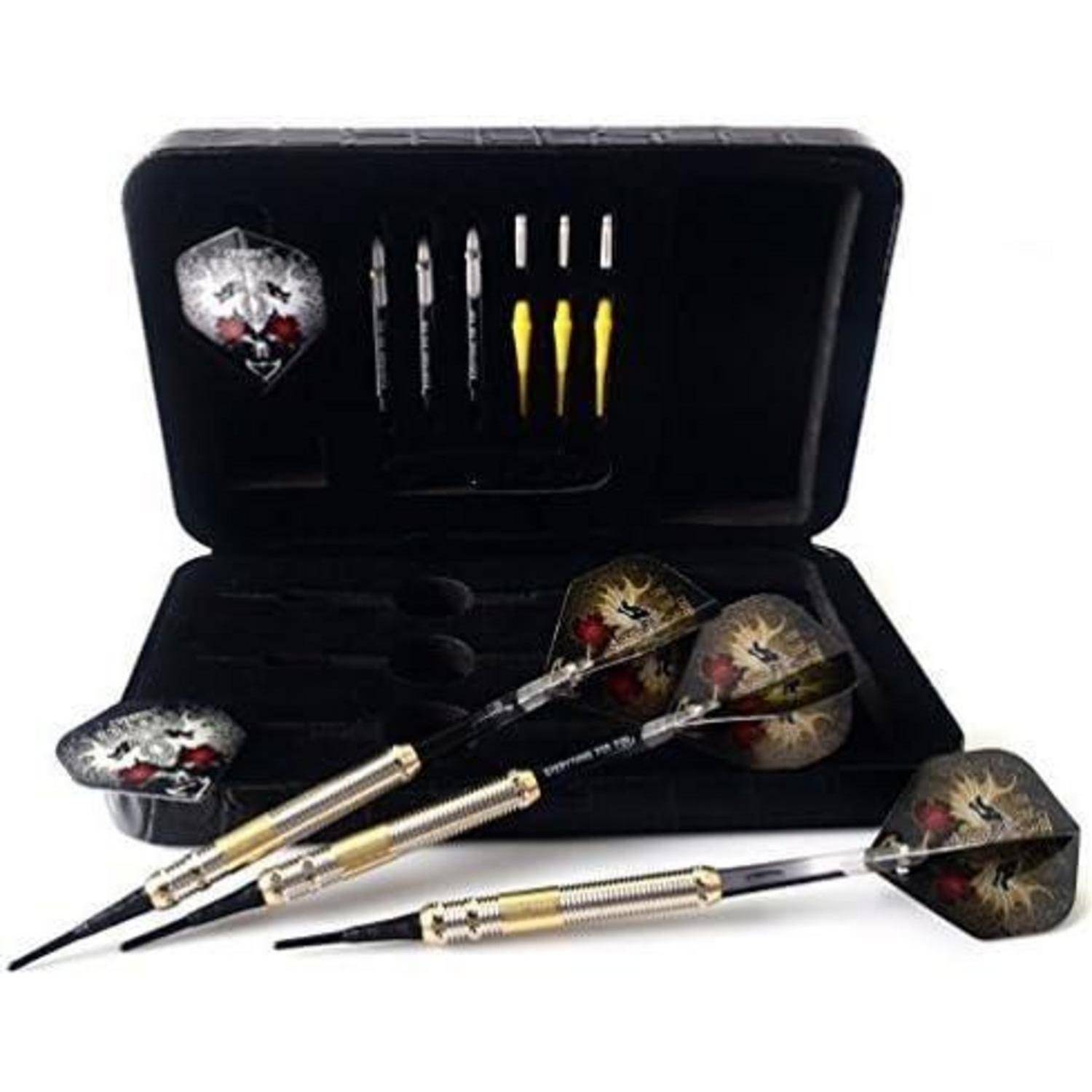 Ein Dartset in einer schwarzen Tasche mit sechs Dartpfeilen und Ersatzflights mit Drachendesigns. Die Tasche ist geöffnet und zeigt ihre übersichtlich angeordneten Fächer.