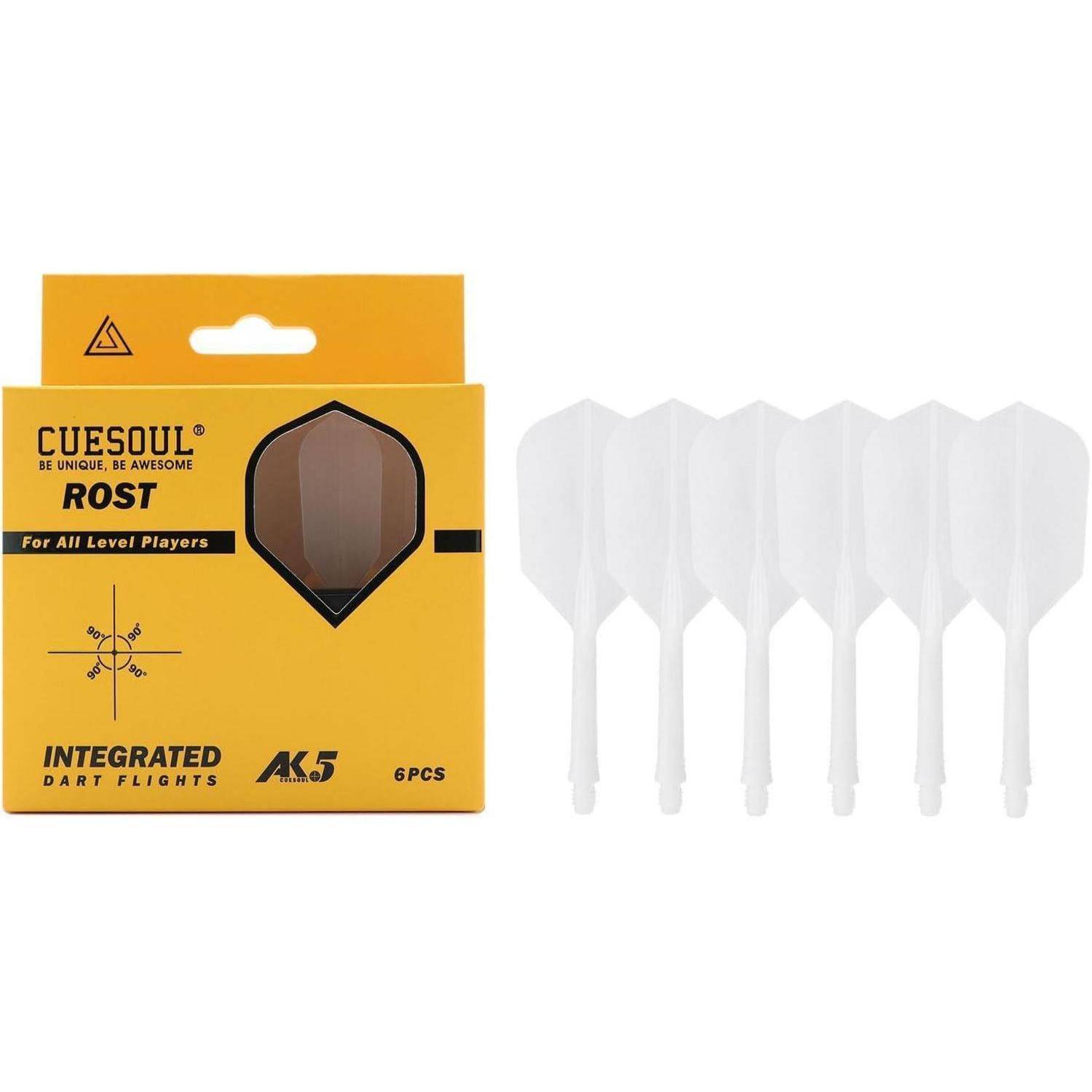 Dart-Flights von Cuesoul, enthält 6 weiße Flights, verpackt in einer gelben Box und für Spieler aller Leistungsstufen geeignet.
