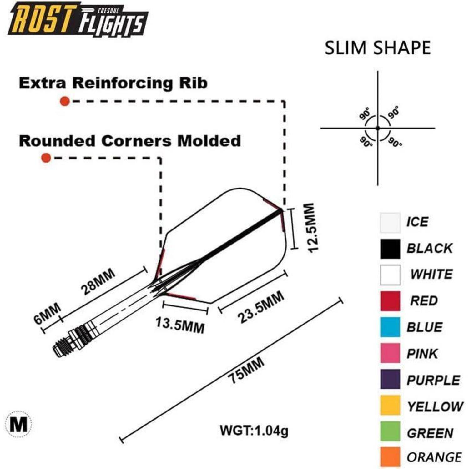Slim Shape Dart Flights Diagramm. Merkmale: zusätzliche Verstärkungsrippe, abgerundete Ecken, Abmessungen, Gewicht 1,04 g. Farboptionen umfassen Eisfarben, Schwarz, Weiß, Rot, Blau, Rosa, Lila, Gelb, Grün, Orange.