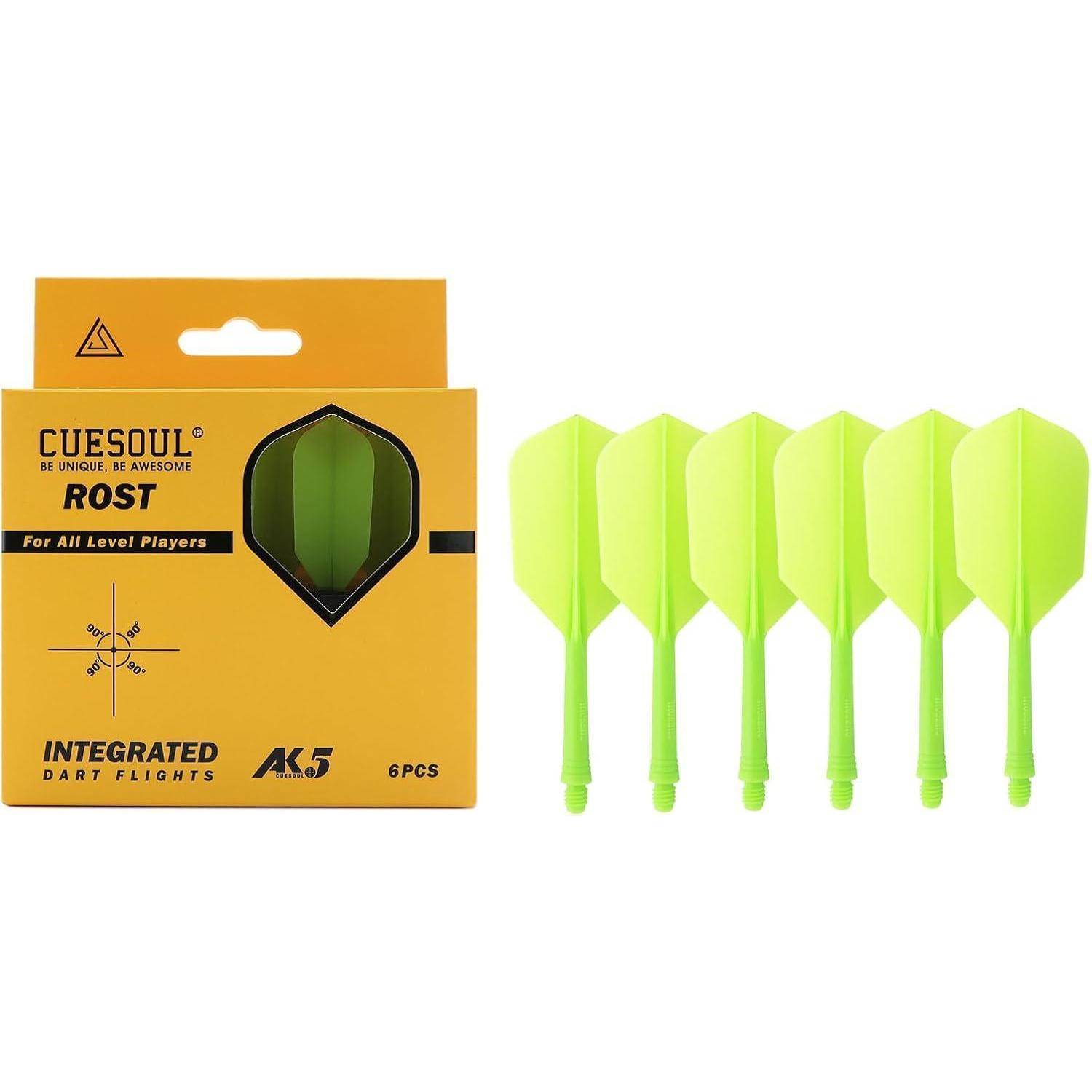 Gelbes Verpackungsetikett mit der Aufschrift 'Cuesoul', das sechs grüne Dartflights zeigt, geeignet für alle Fähigkeitsstufen.