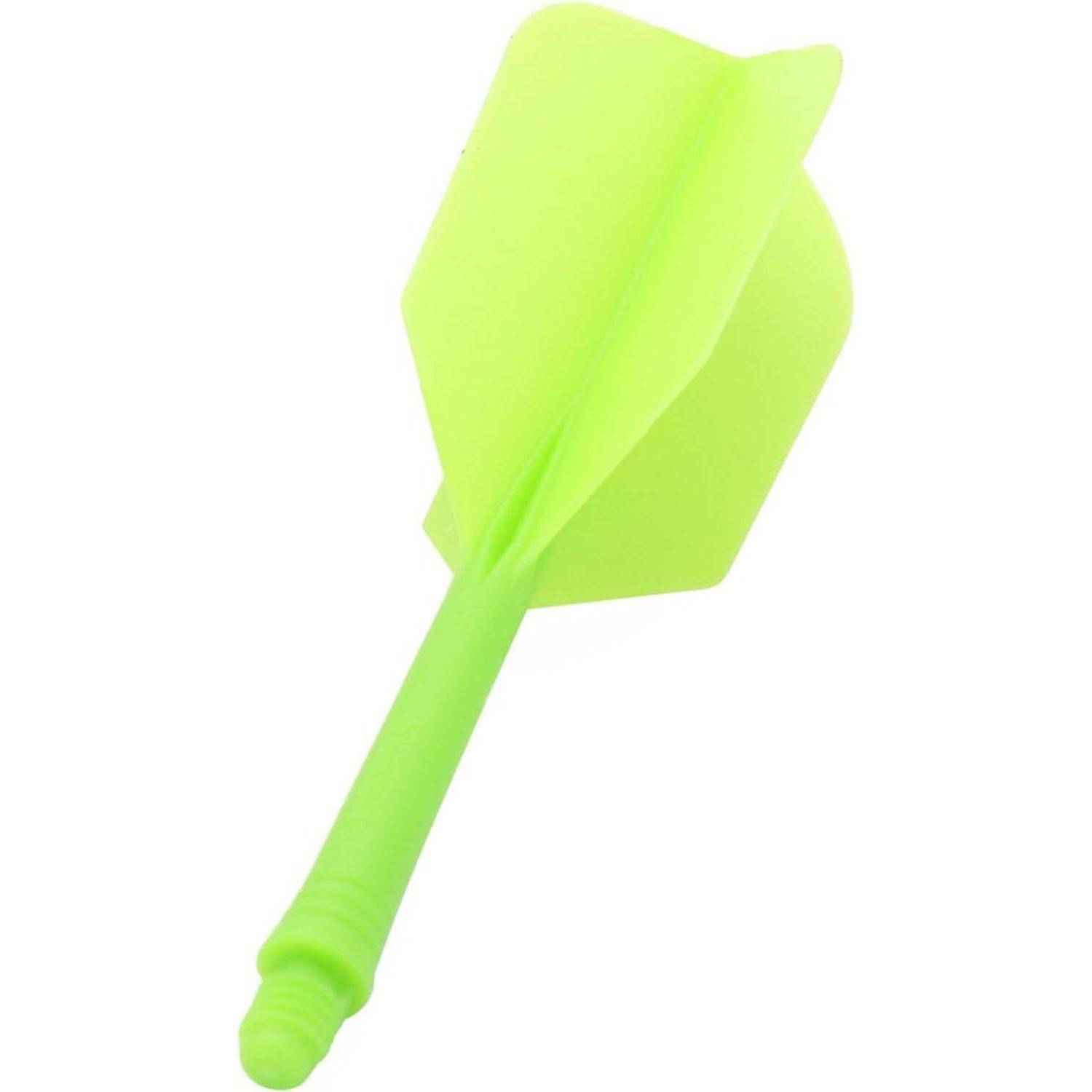 Ein hellgrüner Pfeil mit einer spitzen Spitze und breiten Flügeln, der häufig für Dartspiele oder als Spielzeug verwendet wird.