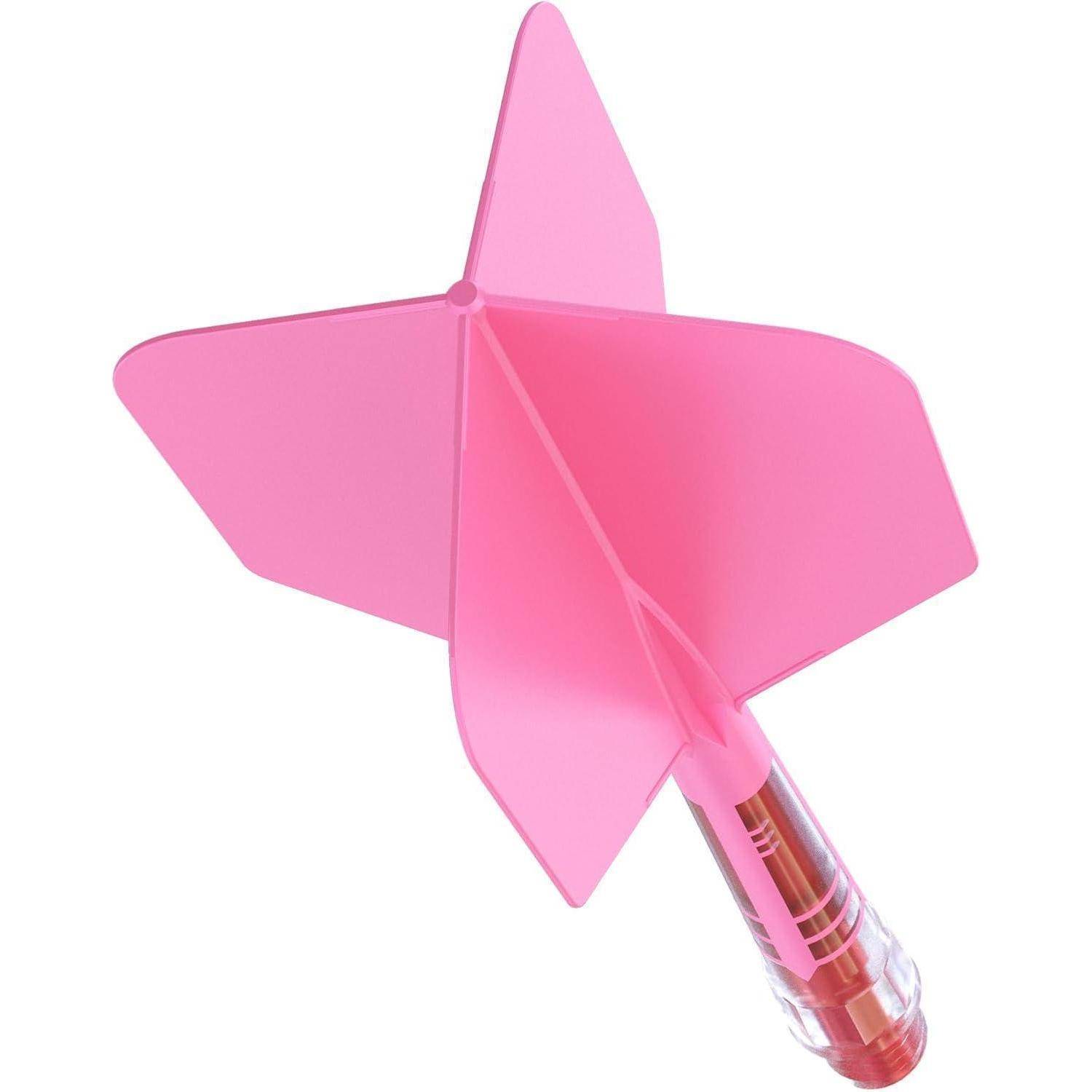 Ein rosa Plastikpfeil mit transparenter Spitze und breiten Flossen, von oben betrachtet, der sein aerodynamisches Design präsentiert.
