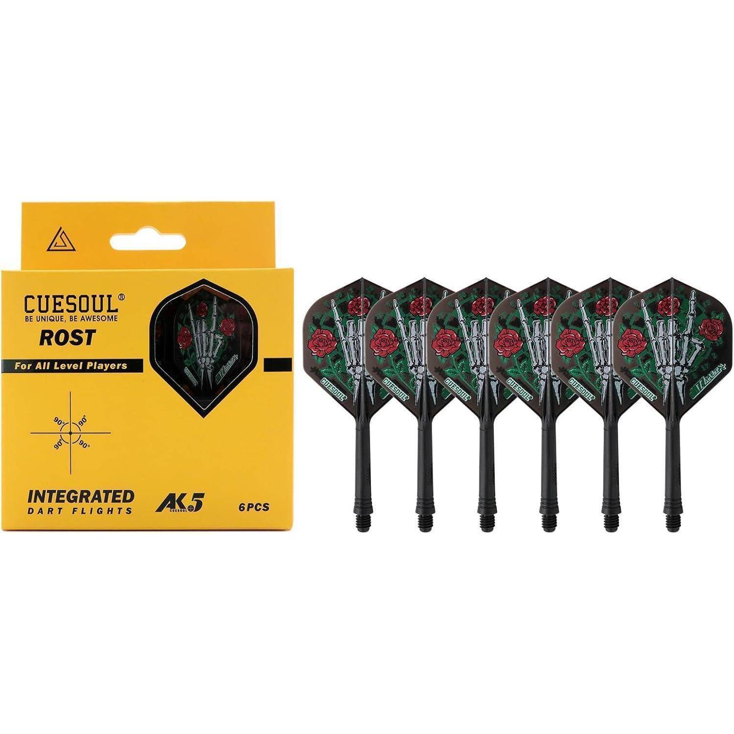 Paket gekennzeichnet mit 'CUESOUL Rust AK5' mit sechs Dartpfeilen mit roten und grünen Designs. Text lautet 'Für Spieler aller Leistungsstufen' und 'Integrierte Dartschäfte.