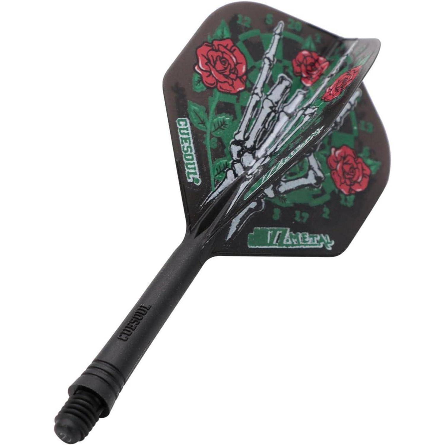 Ein Dart mit einem Skeletthand-Design und roten Rosen auf dem Flügel, auf dem der Text 'GHOSOUL' und weitere kleine Markierungen zu sehen sind.