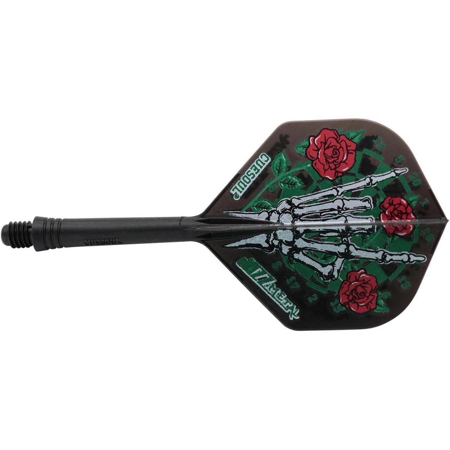 Ein Dart mit einem Skeletthand-Design, das Rosen am Flügel hält und in den Farben Grün und Rot gehalten ist.