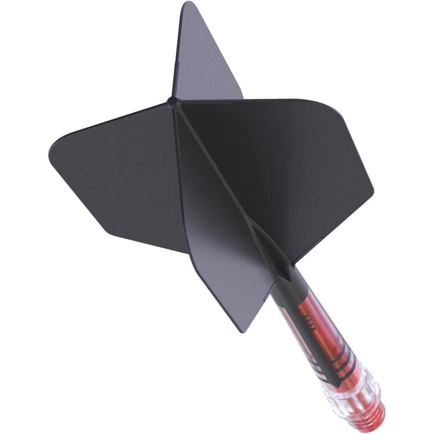 Eine schwarze und rote Dart wird gezeigt, mit einer Nahaufnahme ihres Flügels und Schafts. Der Dart ist nach oben geneigt und zentral positioniert.