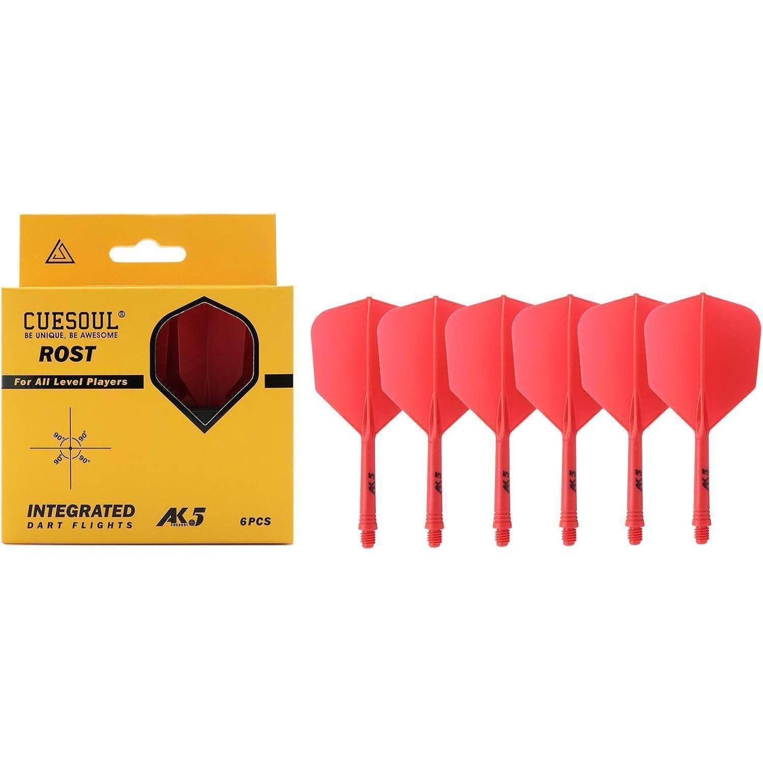 Packung CUESOUL integrierter Dartflights neben fünf einzelnen roten Dartflights.