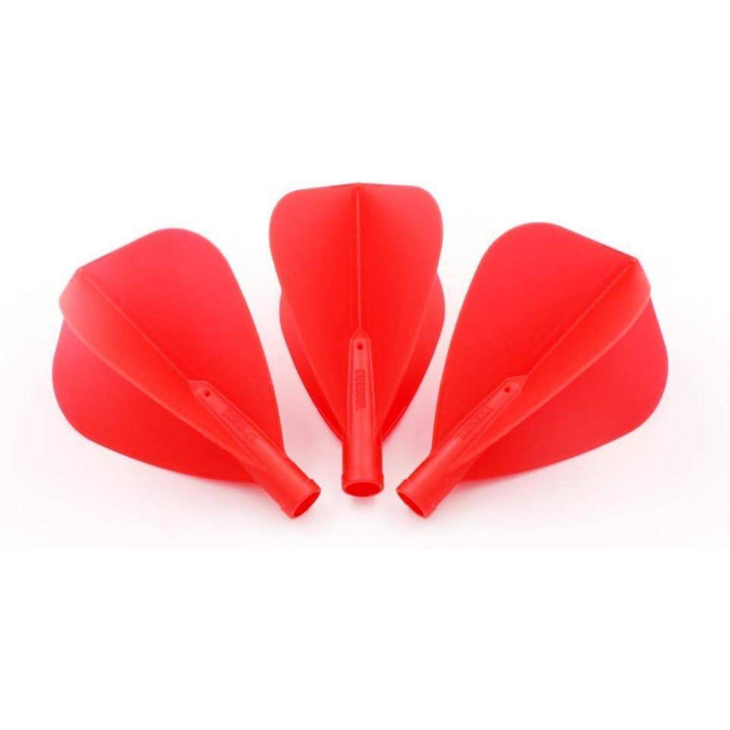 Drei rote Dartpfeilflügel, die in einem kreisförmigen Muster angeordnet sind, mit identischen Formen, geeignet zum Ersetzen abgenutzter Flügel an Dartpfeilen.