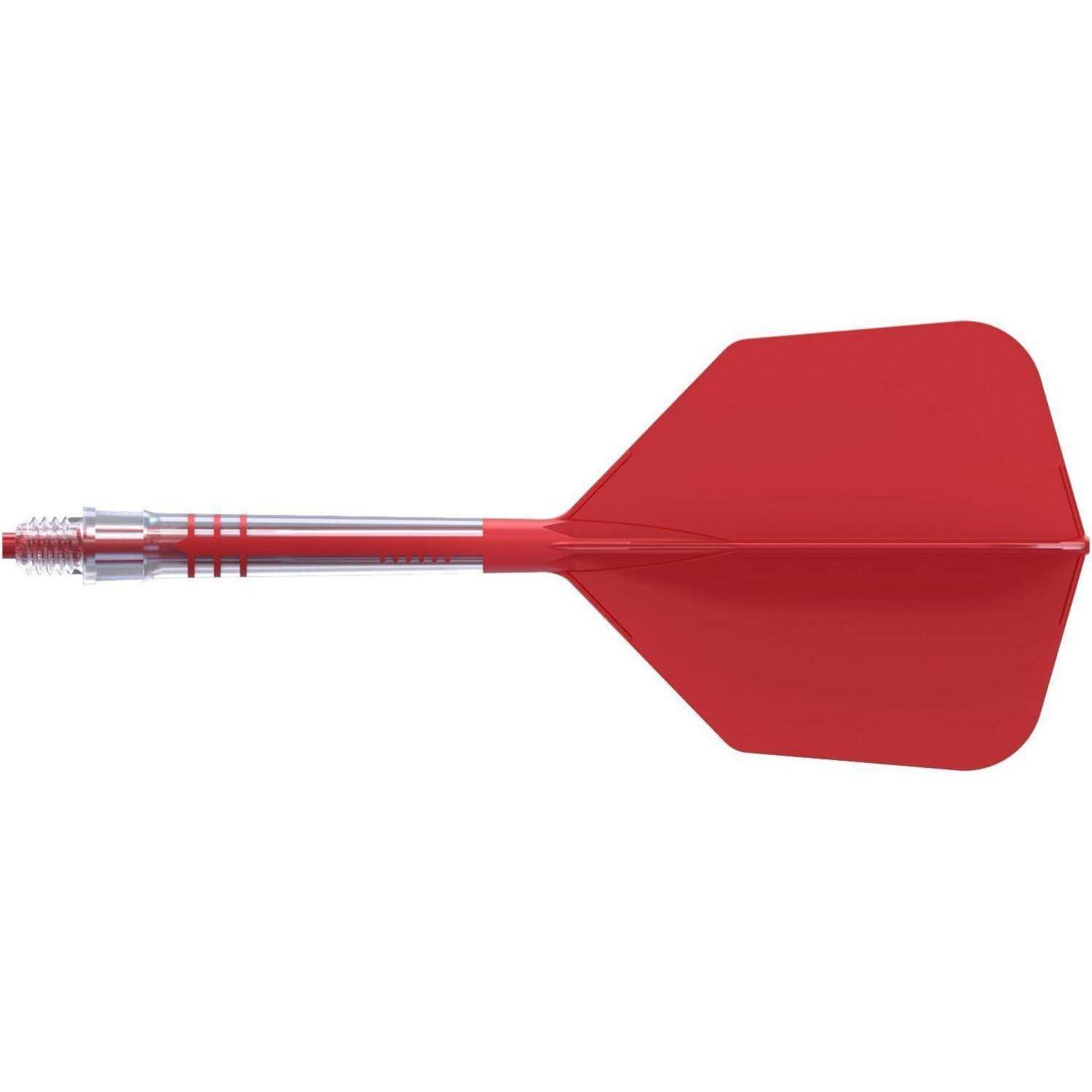 Ein einzelner roter Pfeil mit einer Metallspitze und -schaft, versehen mit einem roten Plastikflügel für Stabilität, vor einem weißen Hintergrund.