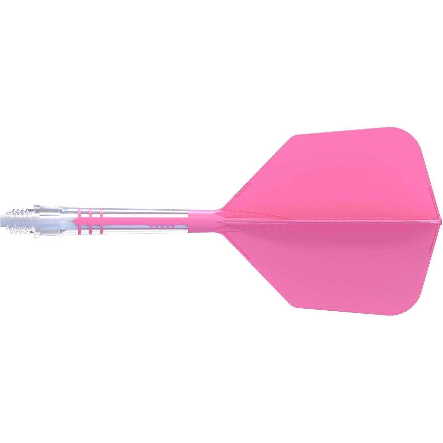Ein rosa Pfeil mit einem silbernen Schaft ist zu sehen, ausgestattet mit einem Kunststoffflügel.