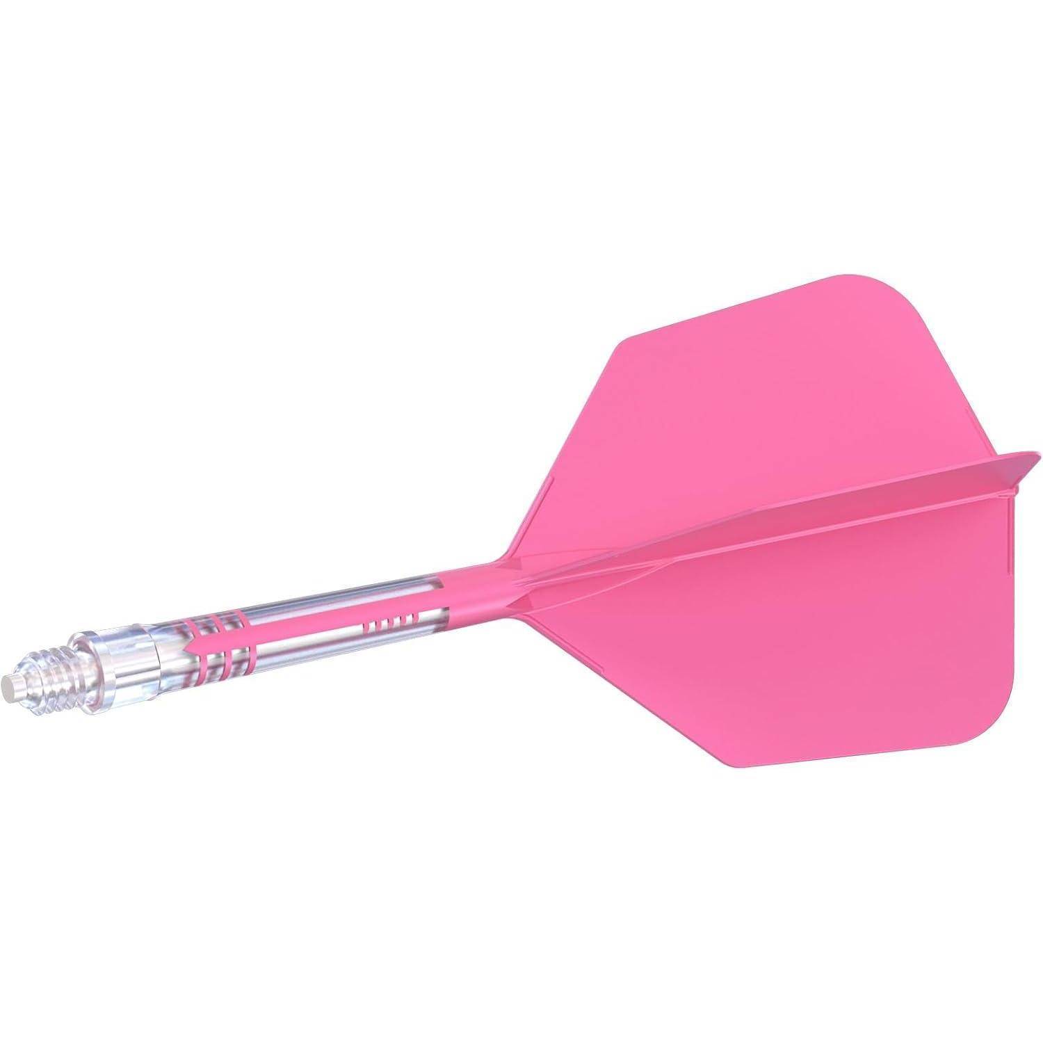 Ein rosa Plastikpfeil mit transparentem Schaft und quadratischen Flügeln, entwickelt zur Verwendung mit einer Dartscheibe.