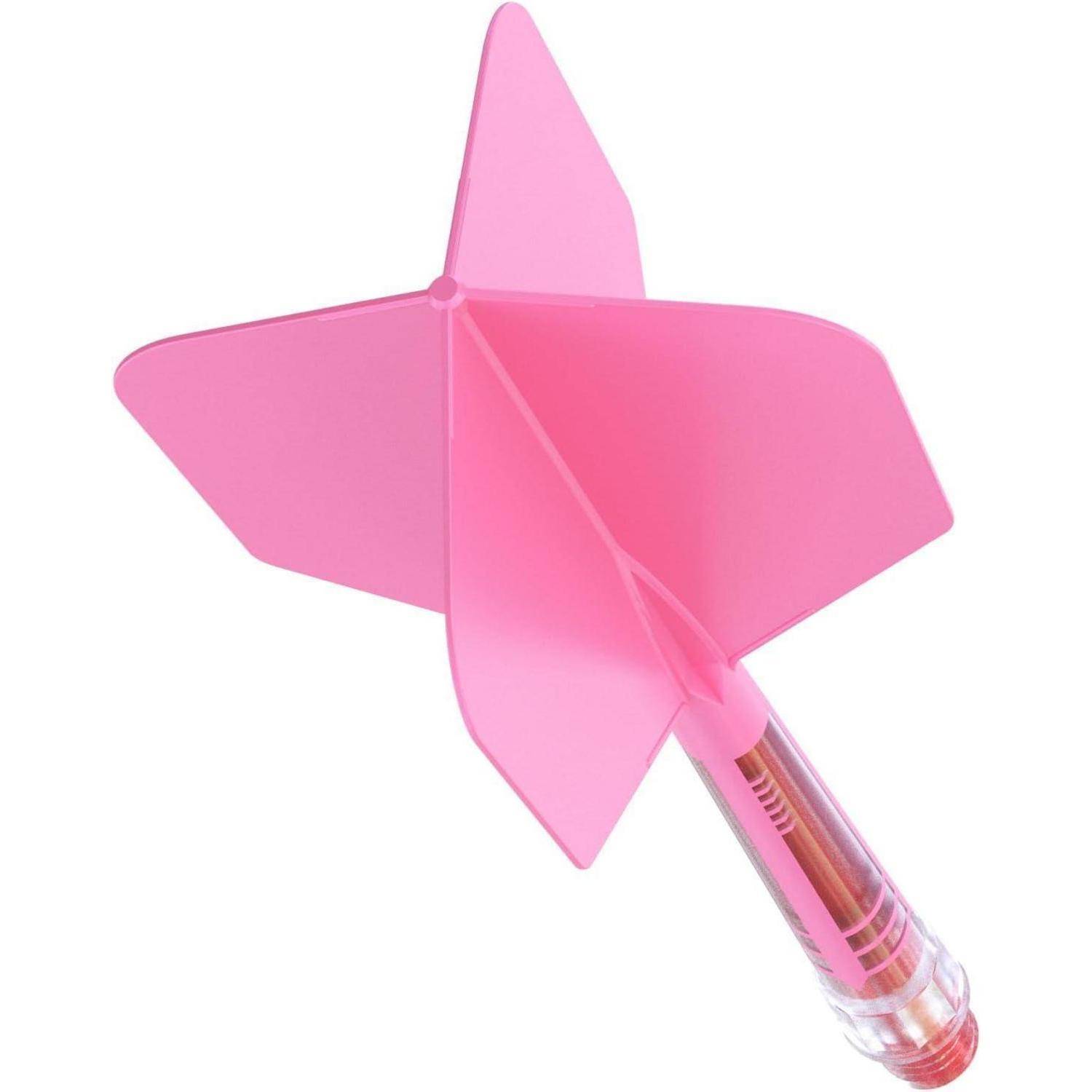 Ein rosa Pfeil mit einem durchsichtigen Kunststoffschaft und breiten Flügeln, zur Freizeitnutzung oder als Spielzeugzubehör gedacht.