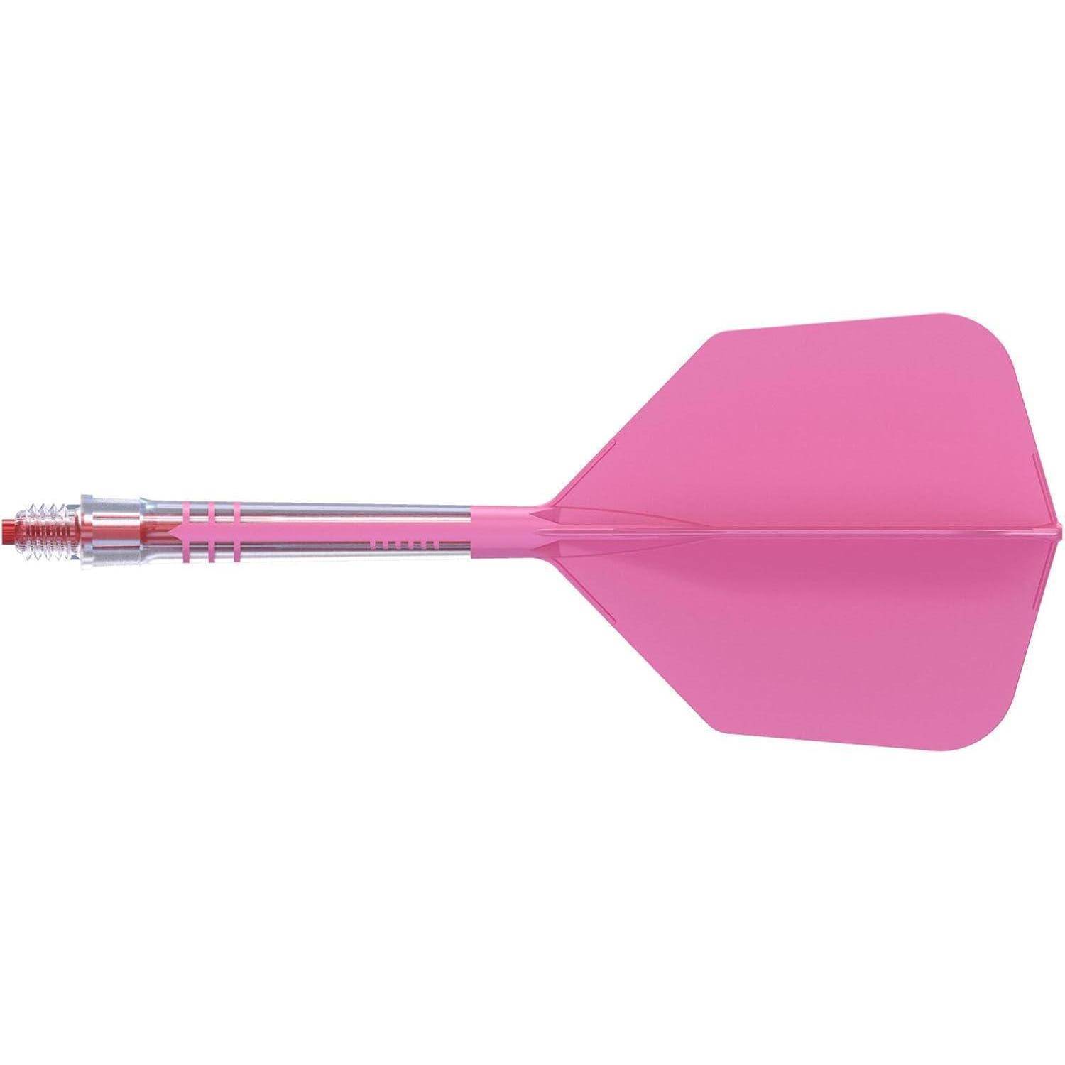 Ein rosa Pfeil mit durchsichtigem Schaft und standardmäßigem Flügel-Design, auf weißem Hintergrund gesetzt.