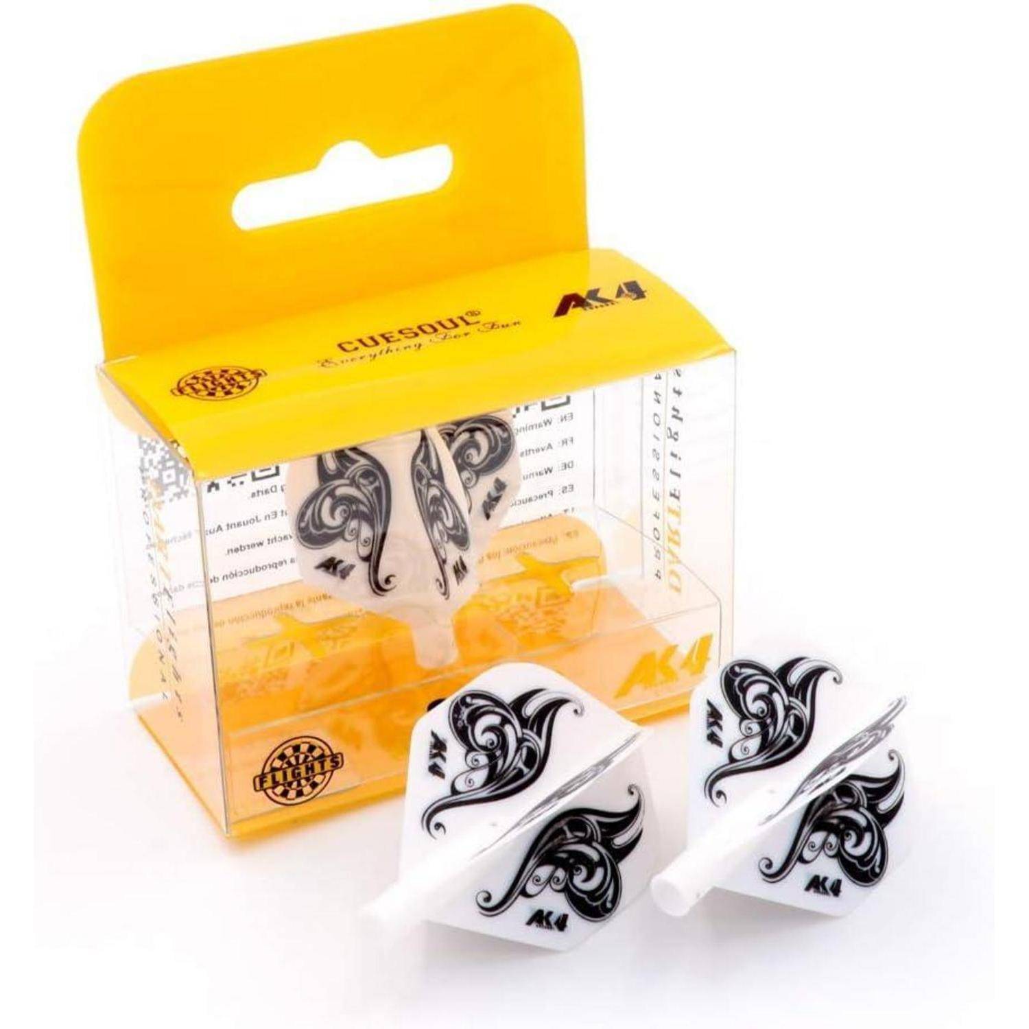 Packung mit CUESOUL AK4 Dartpfeilflights in einer gelben und durchsichtigen Box, die verzierte schwarze Designs auf weißen Flights zeigt.