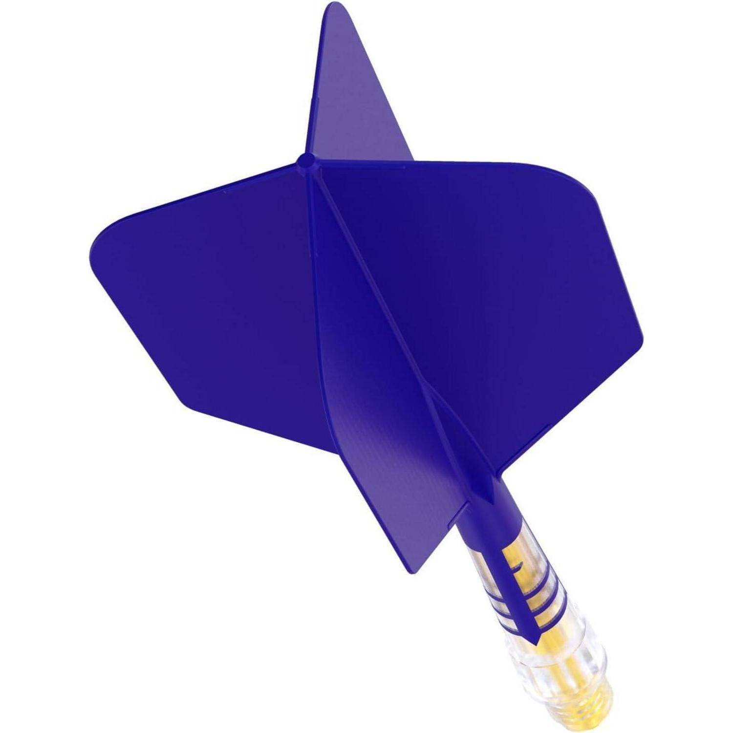 Ein blauer Pfeil mit gelben Streifen am Schaft wird von hinten gezeigt, wobei seine Flossen hervorgehoben werden.