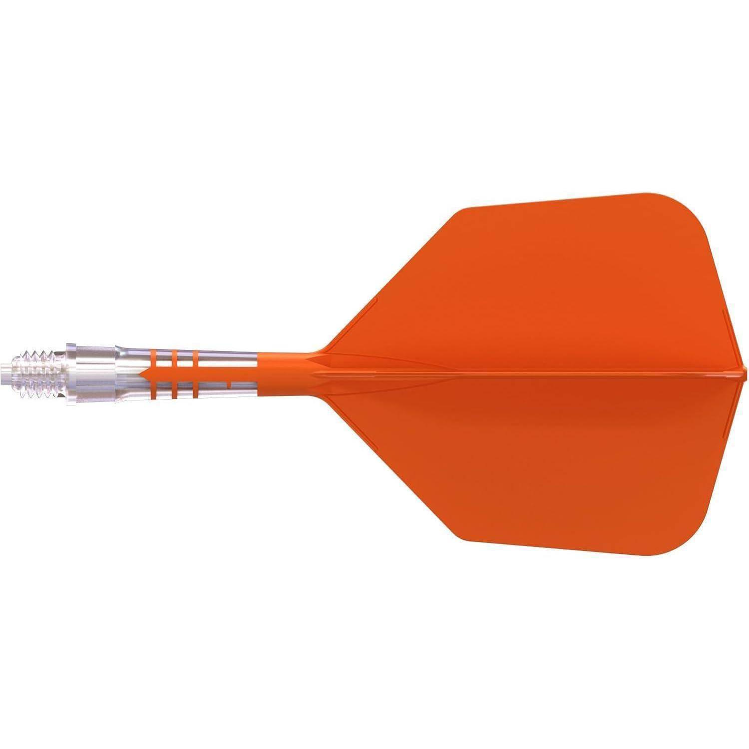 Orangefarbener Pfeil mit einer silbernen Spitze und Heckflossen, horizontal auf einem weißen Hintergrund positioniert.