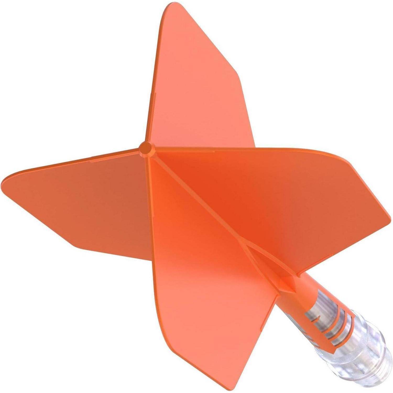 Eine orange Plastikspielzeugrakete mit vier Flossen und einer durchsichtigen Basis, zum Spielen konzipiert.