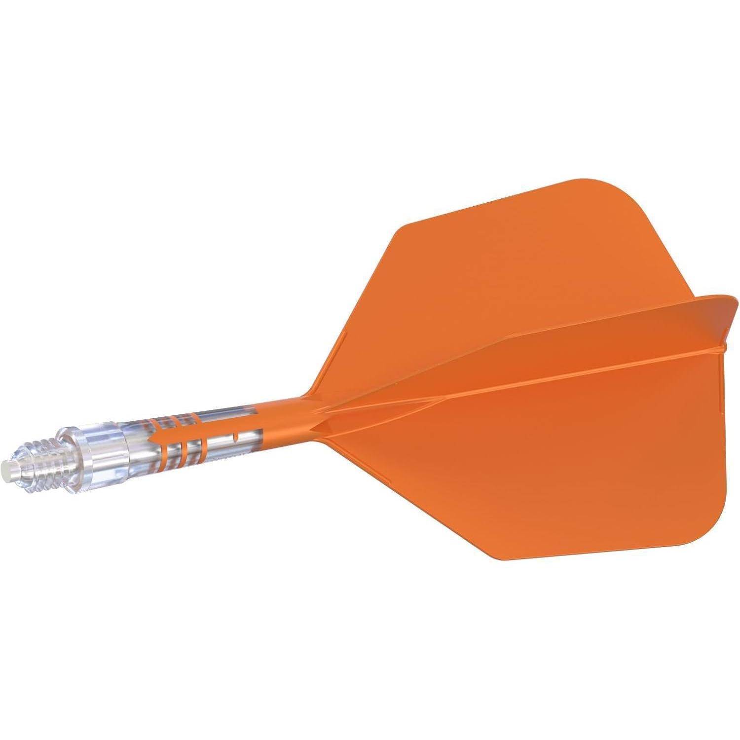 Ein orangefarbener Pfeil mit einer Plastikschäftung und Flügeln wird vor einem weißen Hintergrund gezeigt.