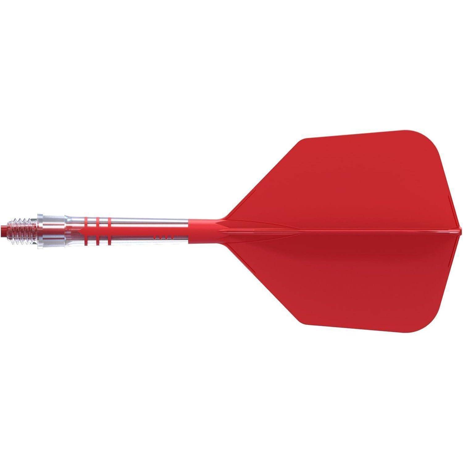 Roter Pfeil mit einer spitzen Metallspitze und Kunststoffflügeln, zum Dartspiel konzipiert, auf einem weißen Hintergrund.