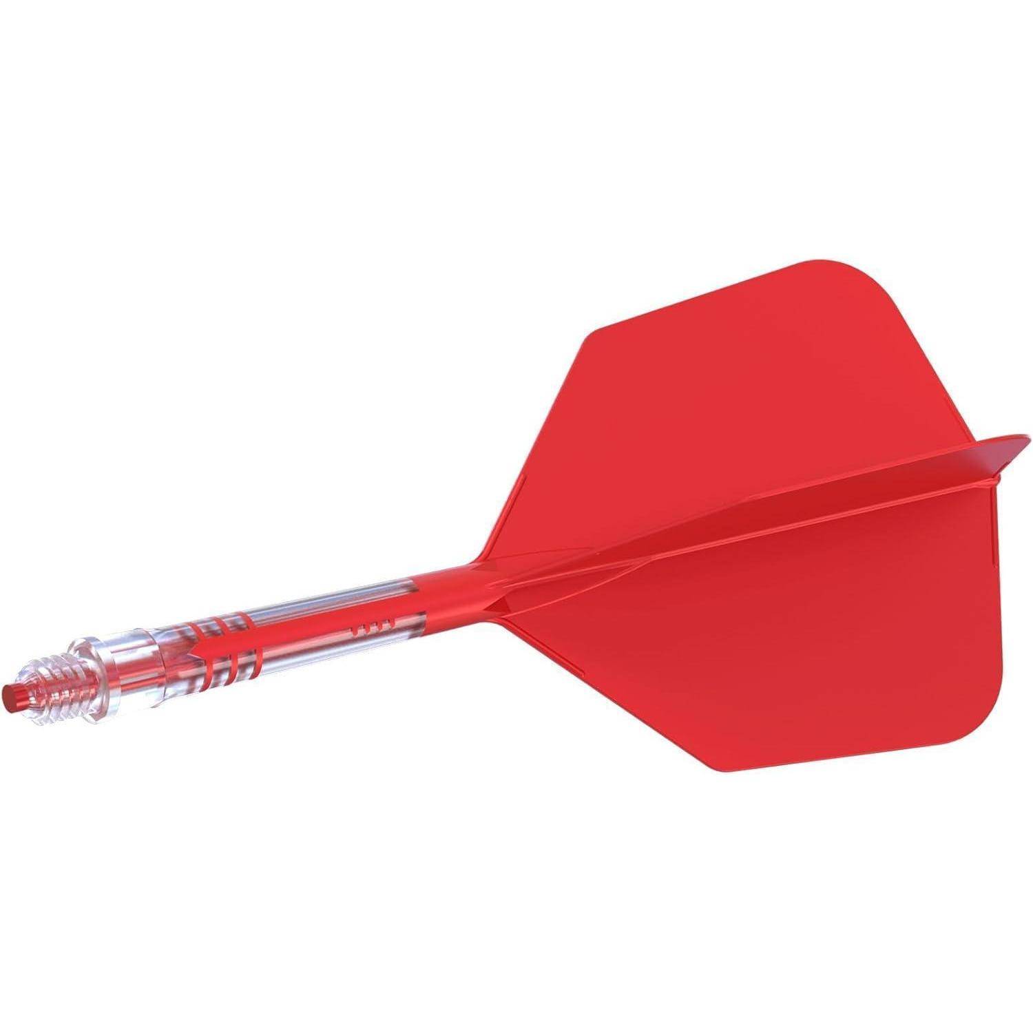 Ein roter Plastikpfeil mit einem durchsichtigen Lauf, der häufig in Spielen wie Darts zum Zielen auf eine Dartscheibe verwendet wird.