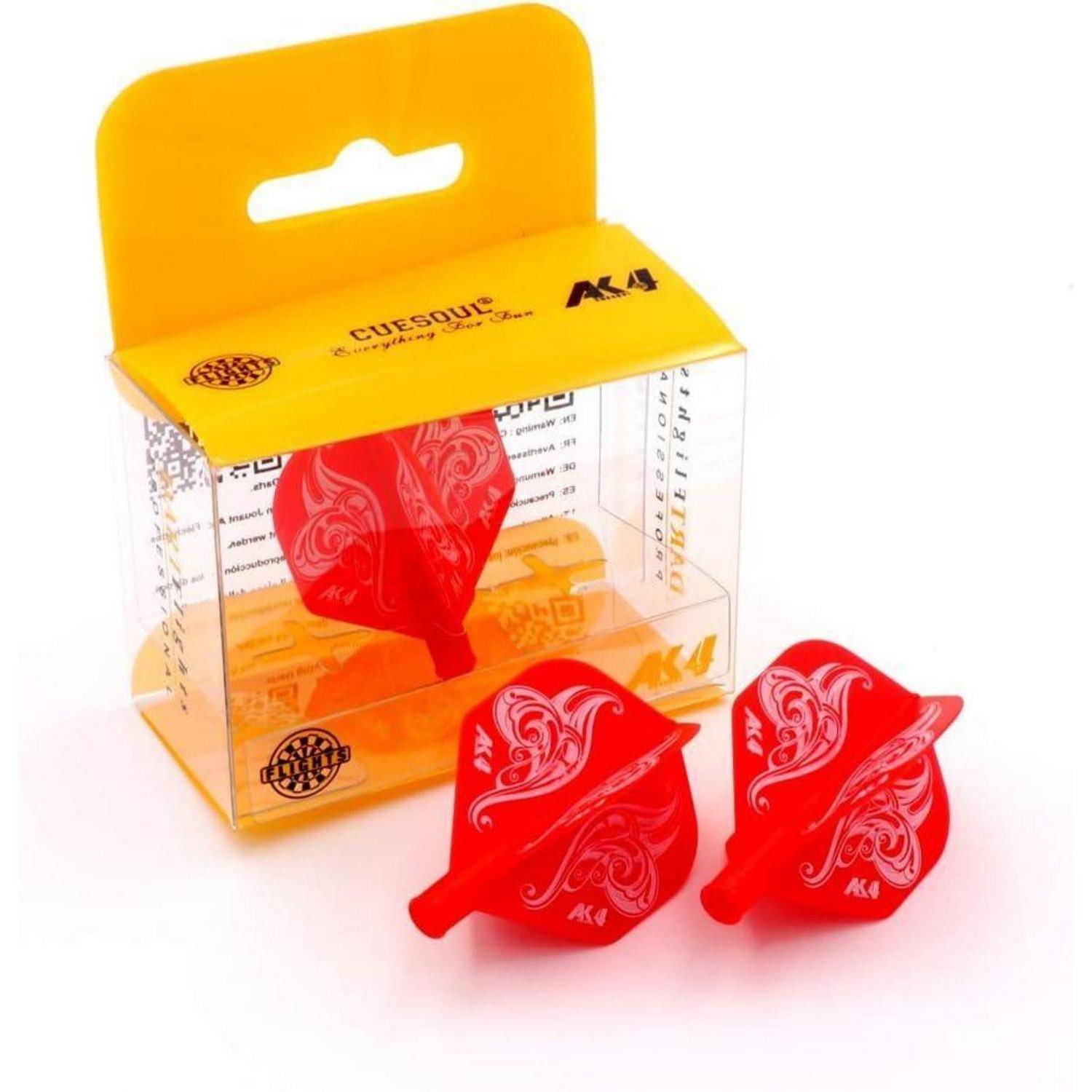 Rote Dartflights mit kunstvollen weißen Designs, Markenbeschriftung in Gelb, mit Tragegriff und transparenter Verpackung.