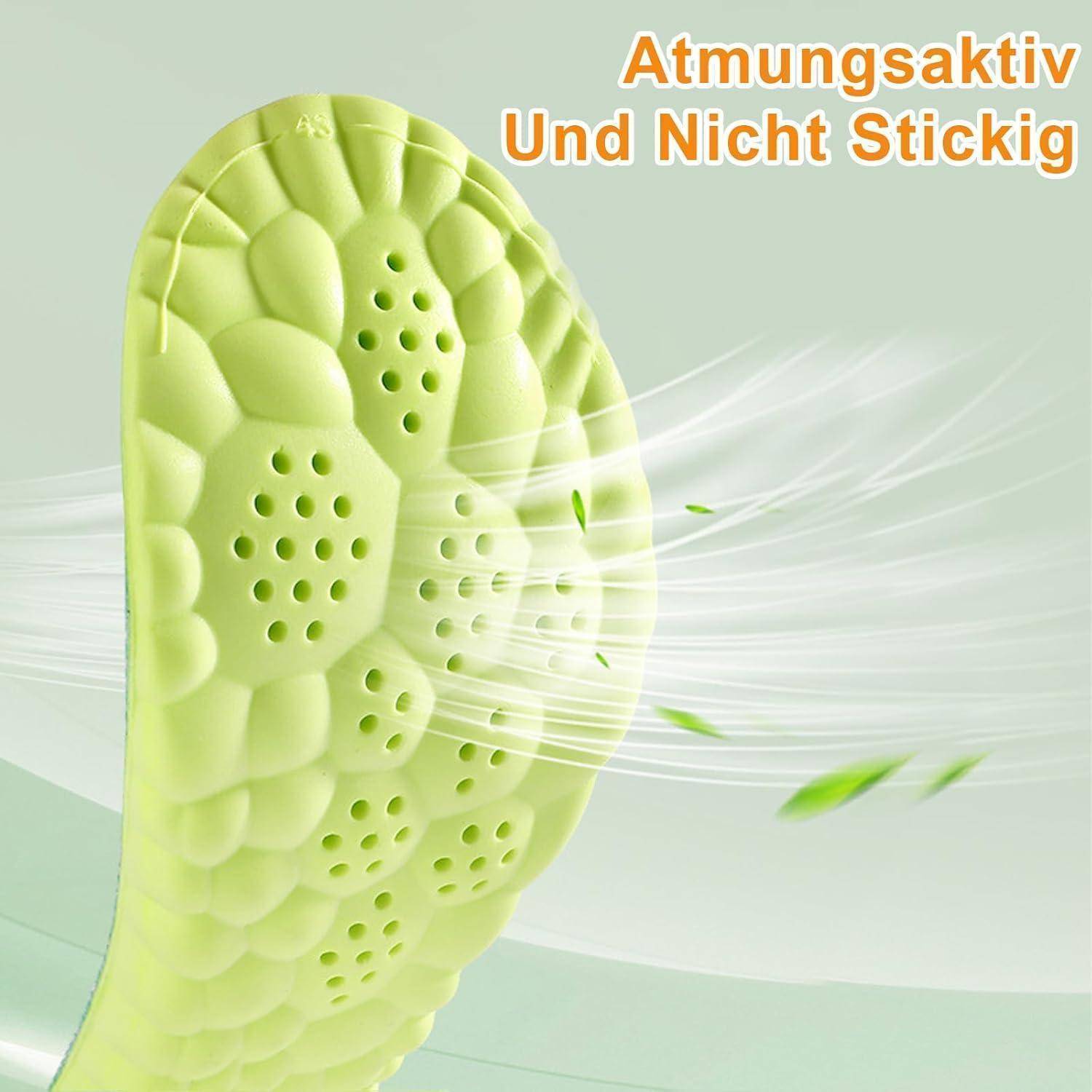 Ein strukturiertes, atmungsaktives grünes Material mit Belüftungslöchern, das Luftdurchlässigkeit demonstriert. German text: 'Atmungsaktiv Und Nicht Stickig'.