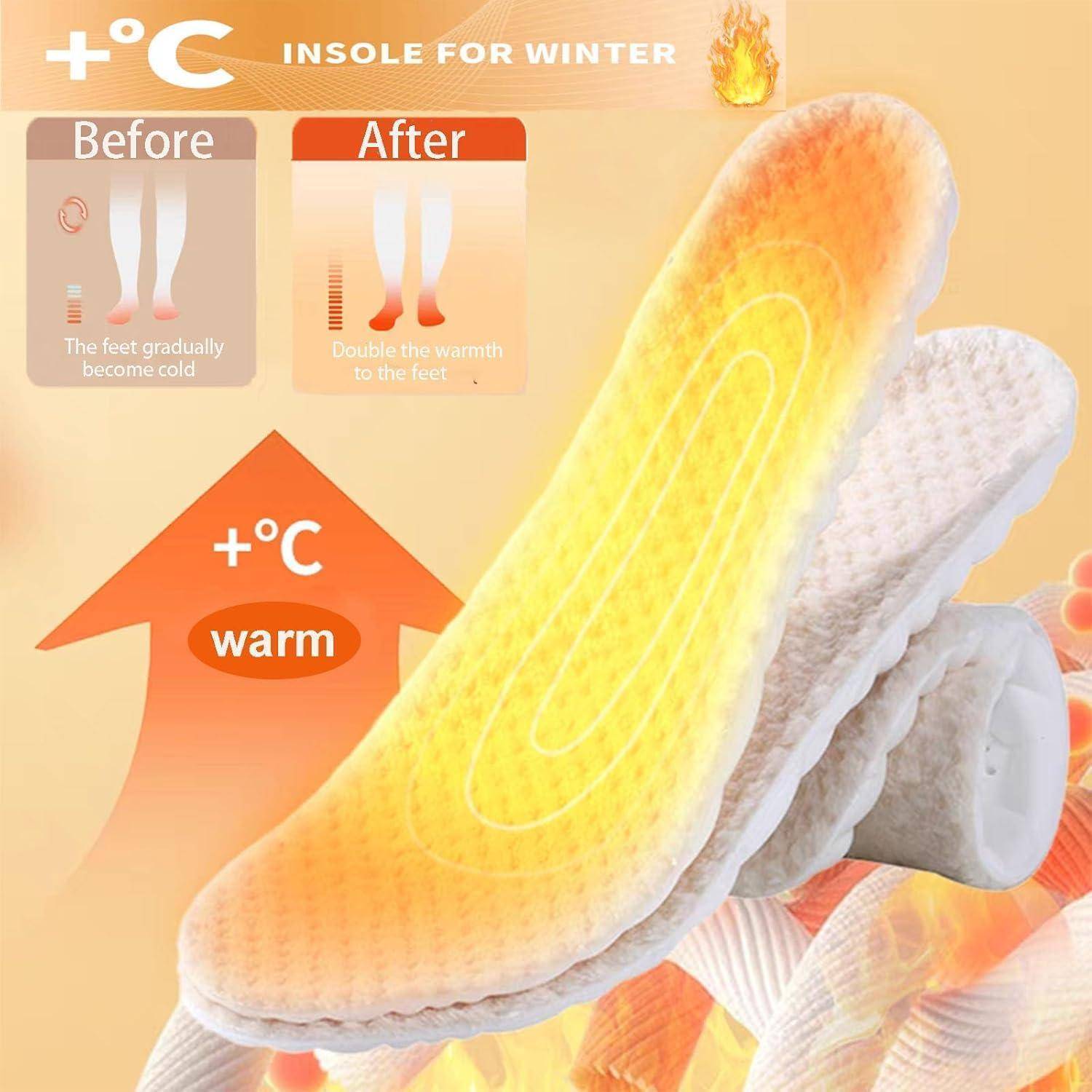 Einlegesohle für den Winter" Werbung zeigt Vorher-Nachher-Effekte. Links: kalte Füße. Rechts: warm, doppelter Wärmeeffekt mit „+C warm"" Symbol.