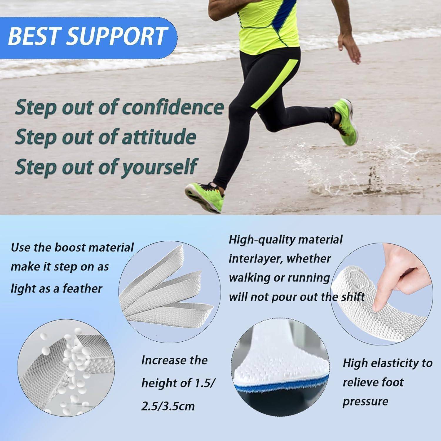 Person am Strand mit Sportbekleidung, mit Fokus auf Schuhmerkmale wie Boost-Material, Elastizität und Zwischenschicht-Stabilität.