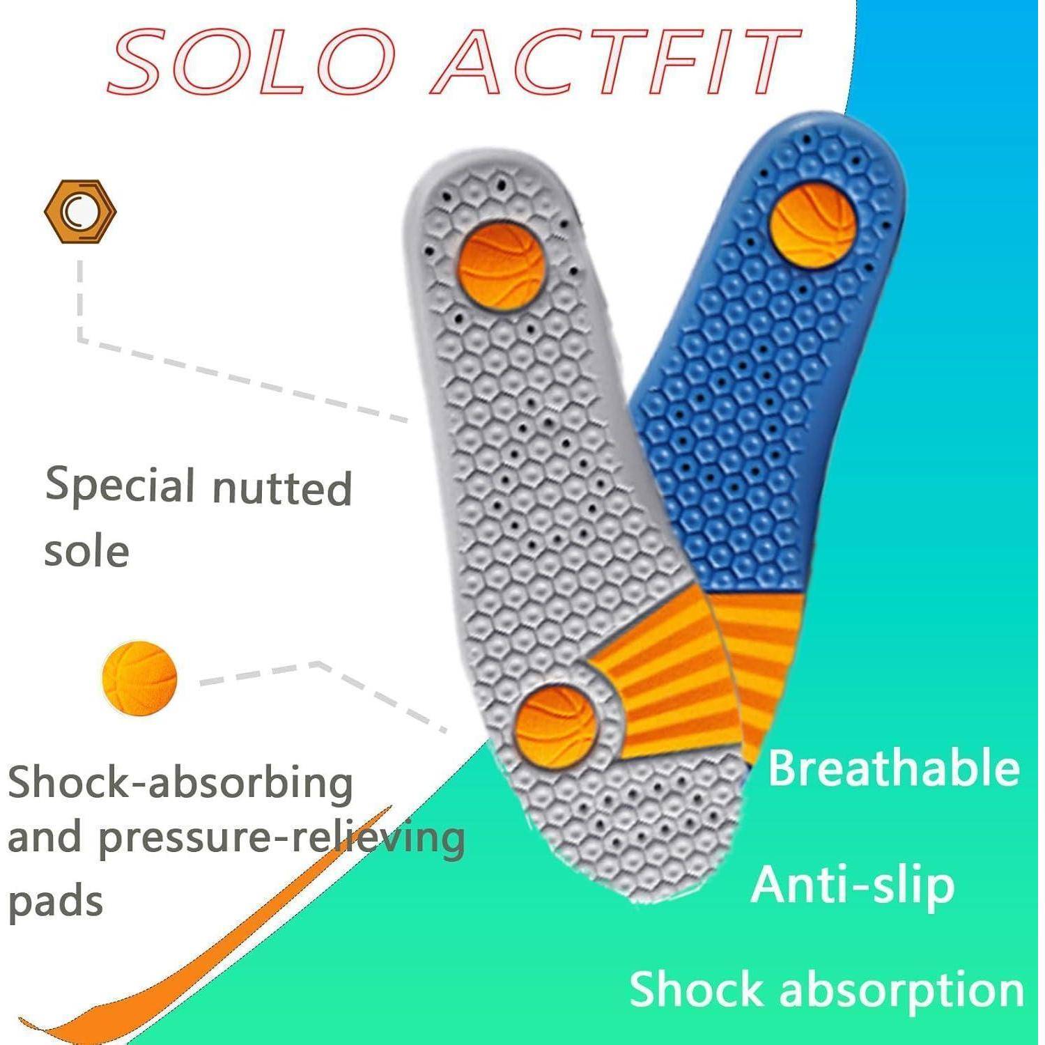 Solo Actfit' Einlagen verfügen über eine spezielle genietete Sohle mit orangefarbenen Polstern zur Stoßdämpfung und Druckentlastung. Bietet Atmungsaktivität und Rutschfestigkeit.
