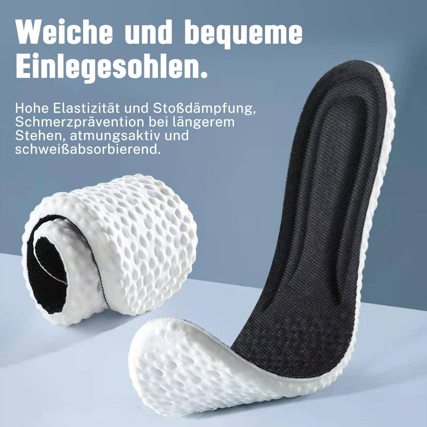 Weiche und bequeme Einlegesohlen. Hohe Elastizität und Stoßdämpfung, Schmerzprävention bei längerem Stehen, atmungsaktiv und schweißabsorbierend.