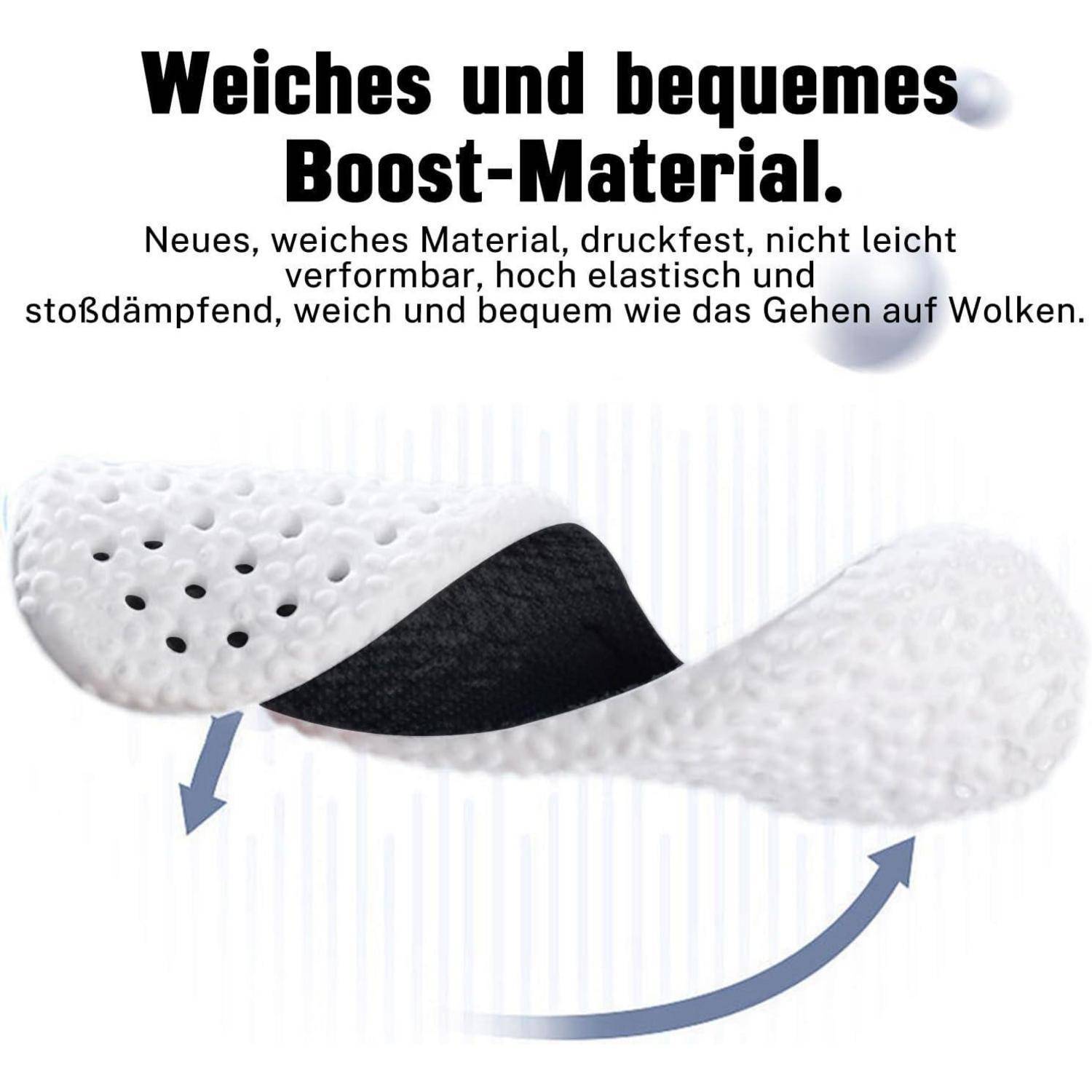 Schuheinlage mit Polsterdesign; Text auf Deutsch bewirbt das weiche, komfortable und elastische Boost-Material für Laufkomfort.